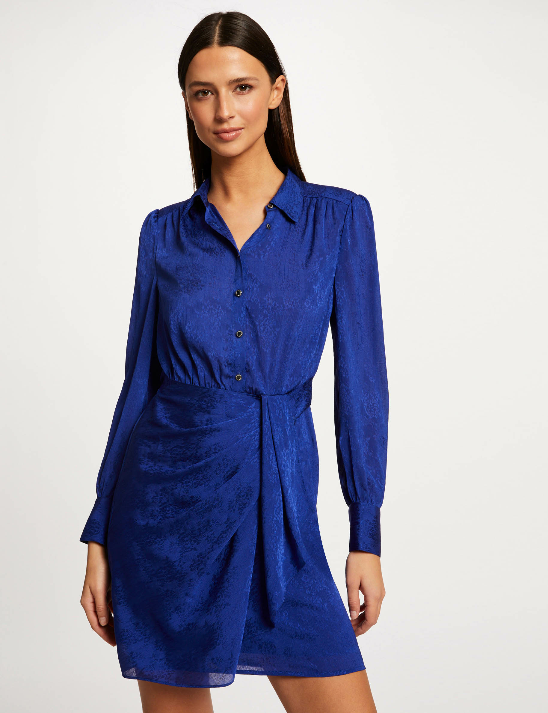 Robe droite drapée satinée imprimée bleu electrique femme Robe droite drapée satinée imprimée bleu electrique femme