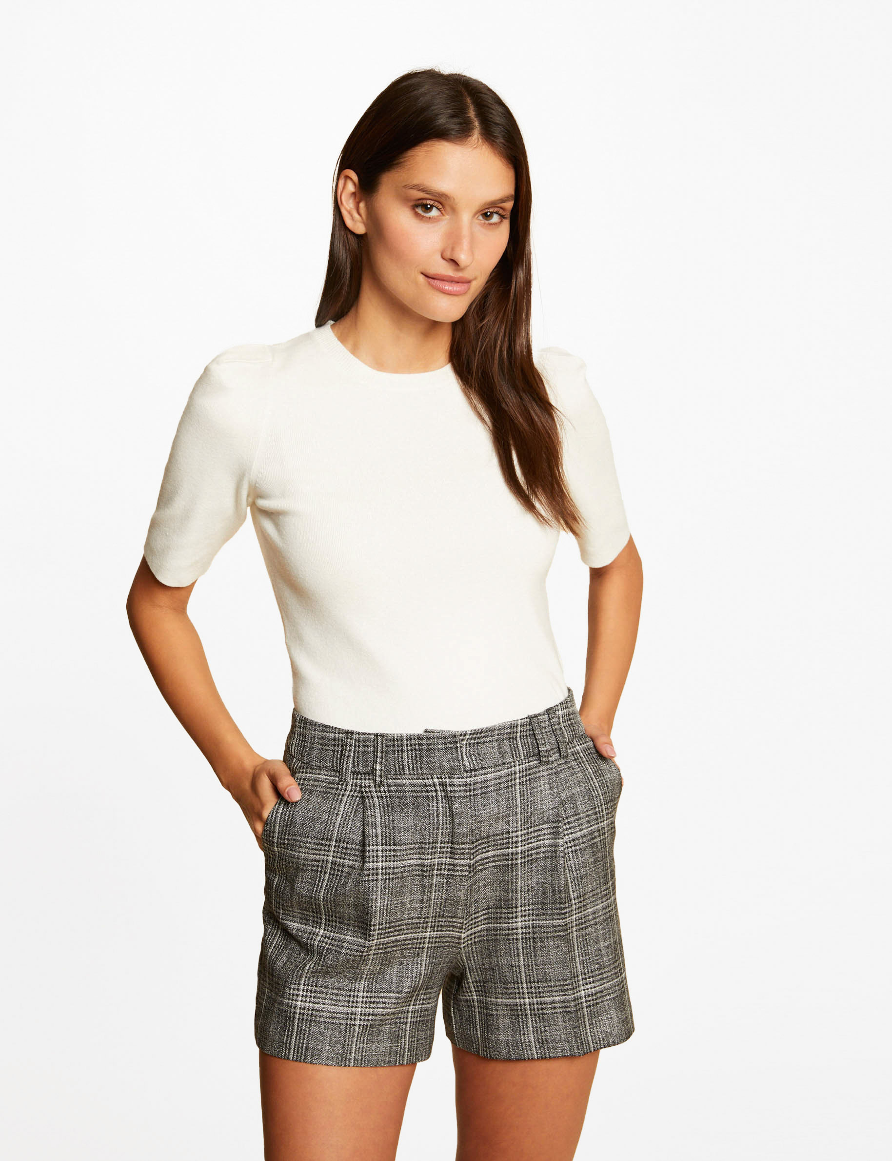 Short city ajusté à carreaux gris moyen femme Short city ajusté à carreaux gris moyen femme