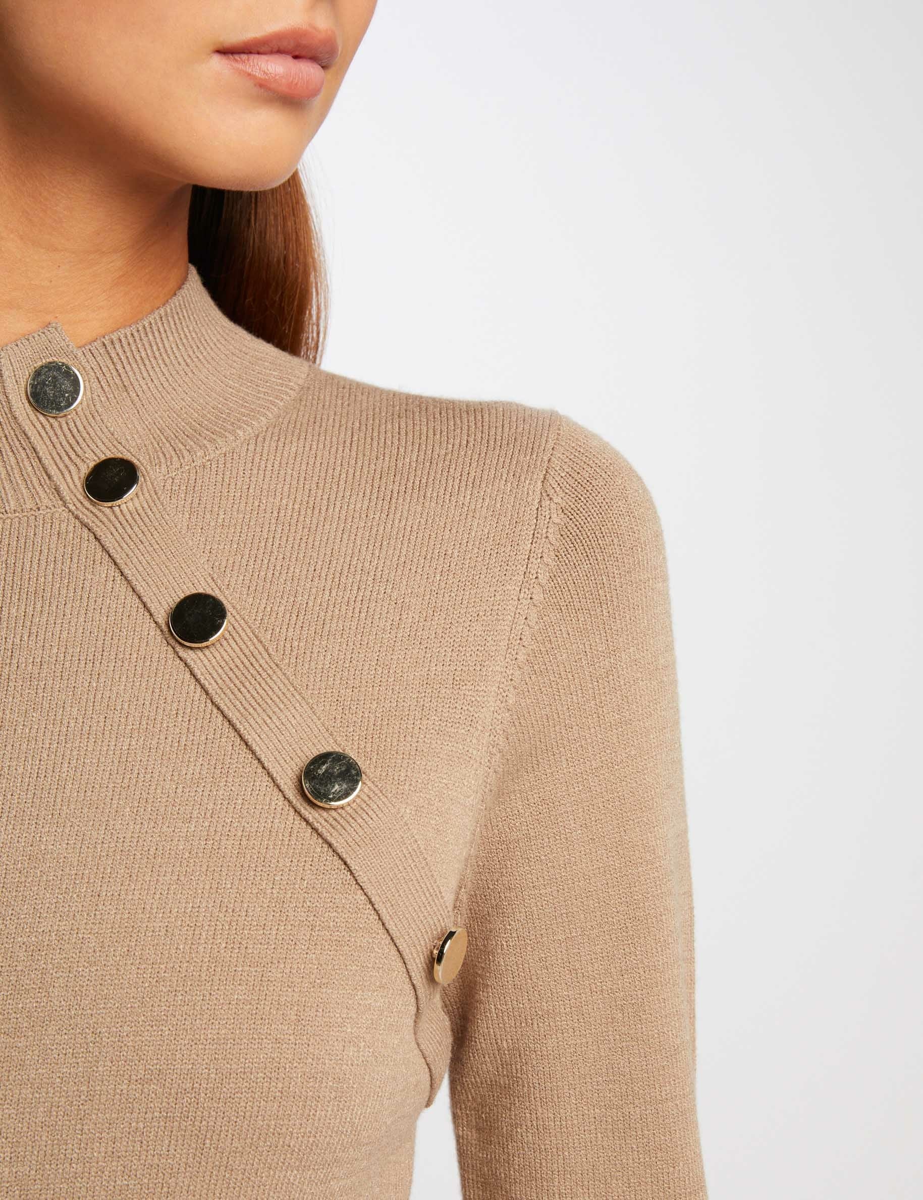 Pull cintr&eacute; col montant taupe femme