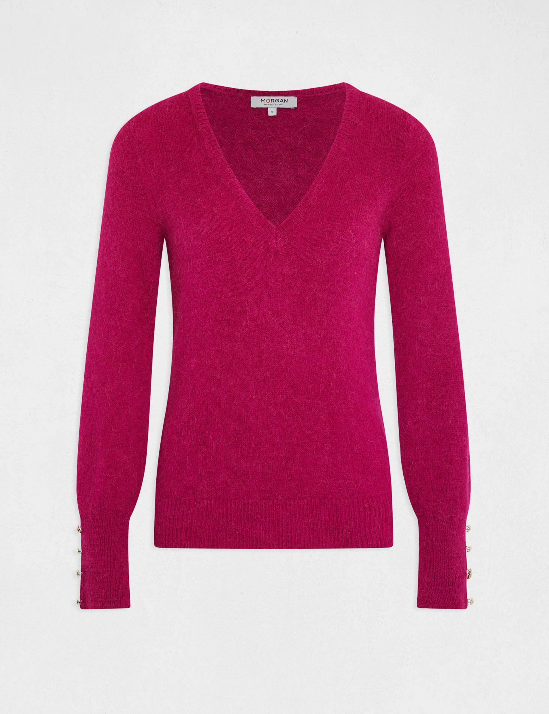 pull manches longues col en v framboise femme Pull manches longues col en V framboise femme