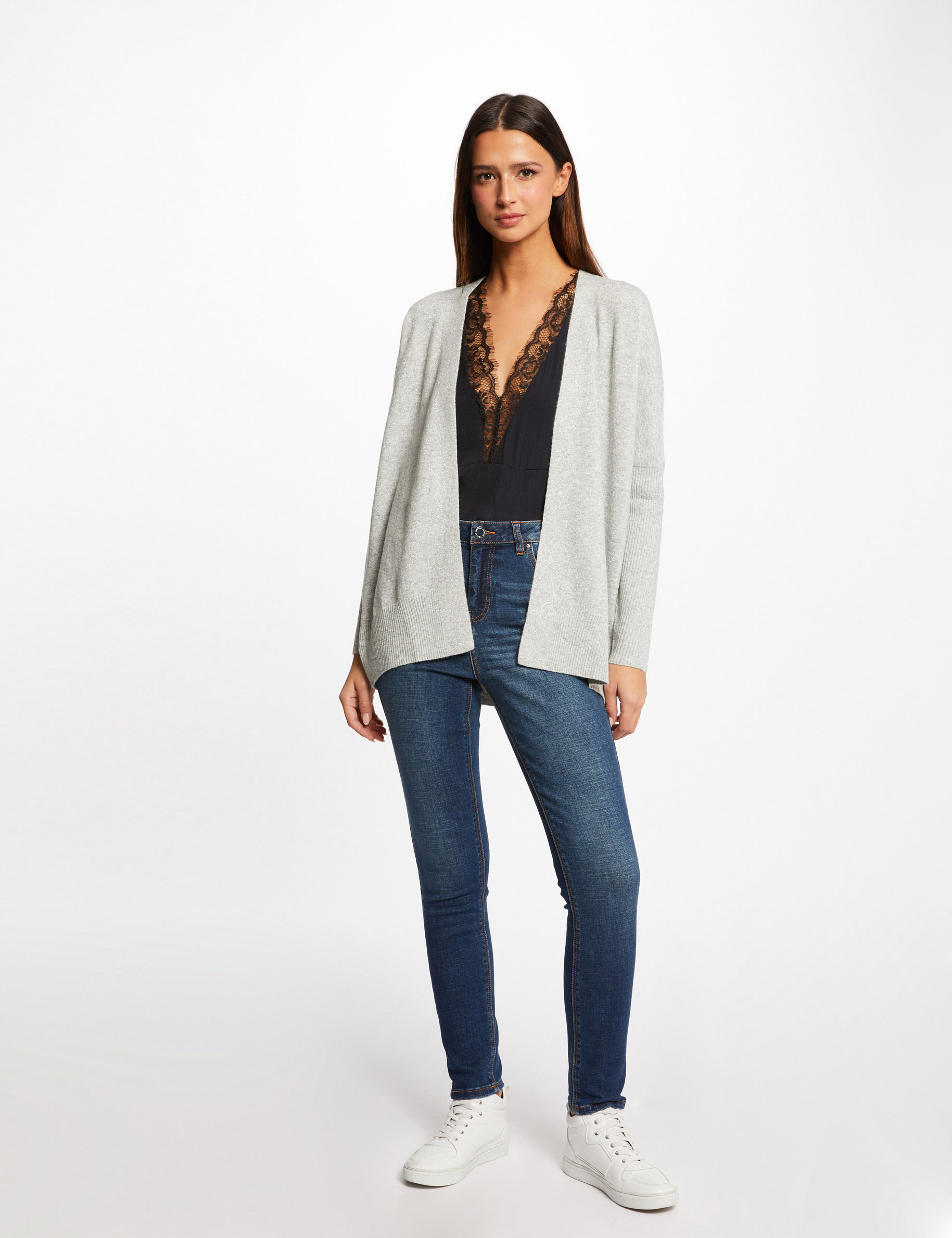 Gilet manches longues à col ouvert gris clair femme