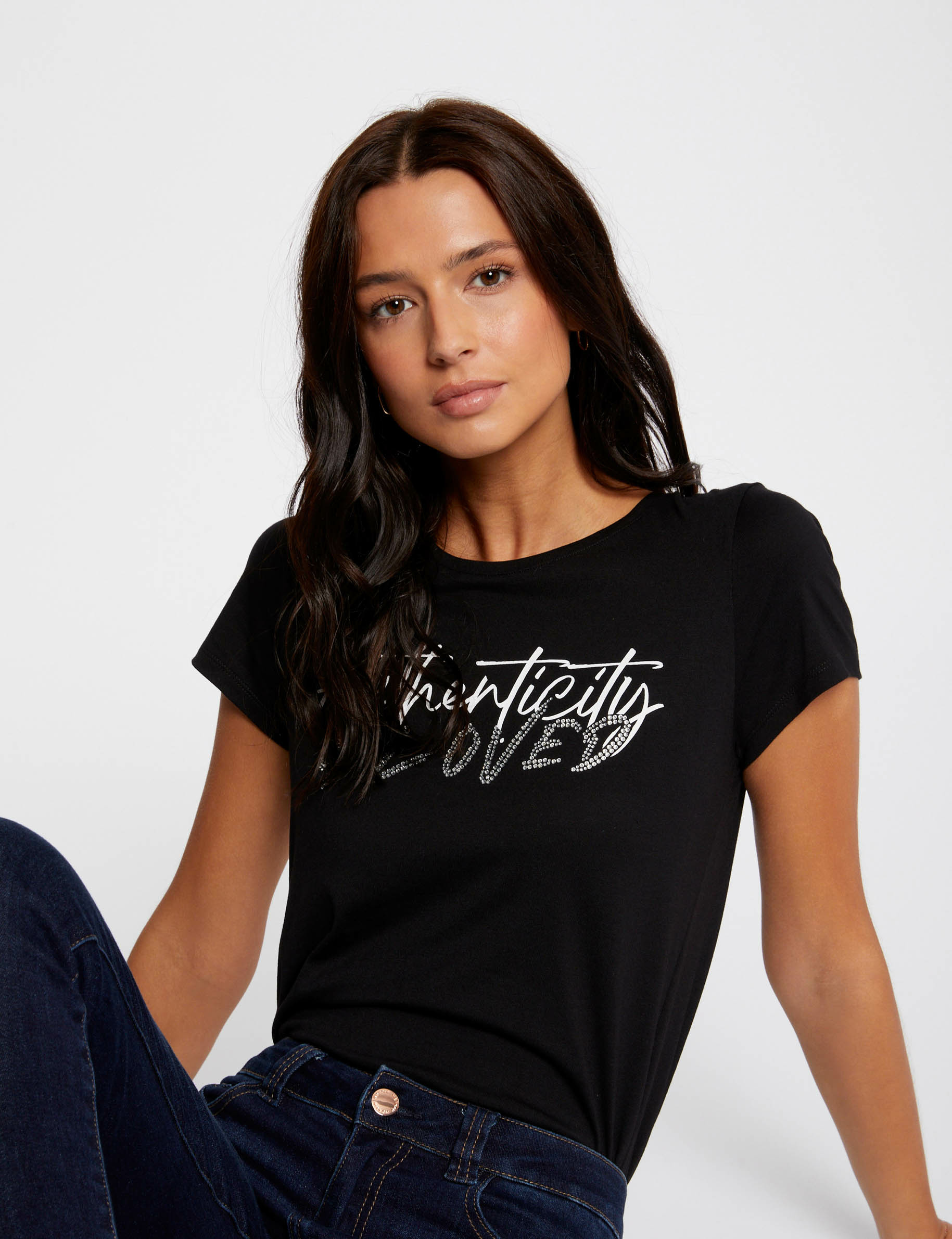 T-shirt manches courtes à inscription noir femme