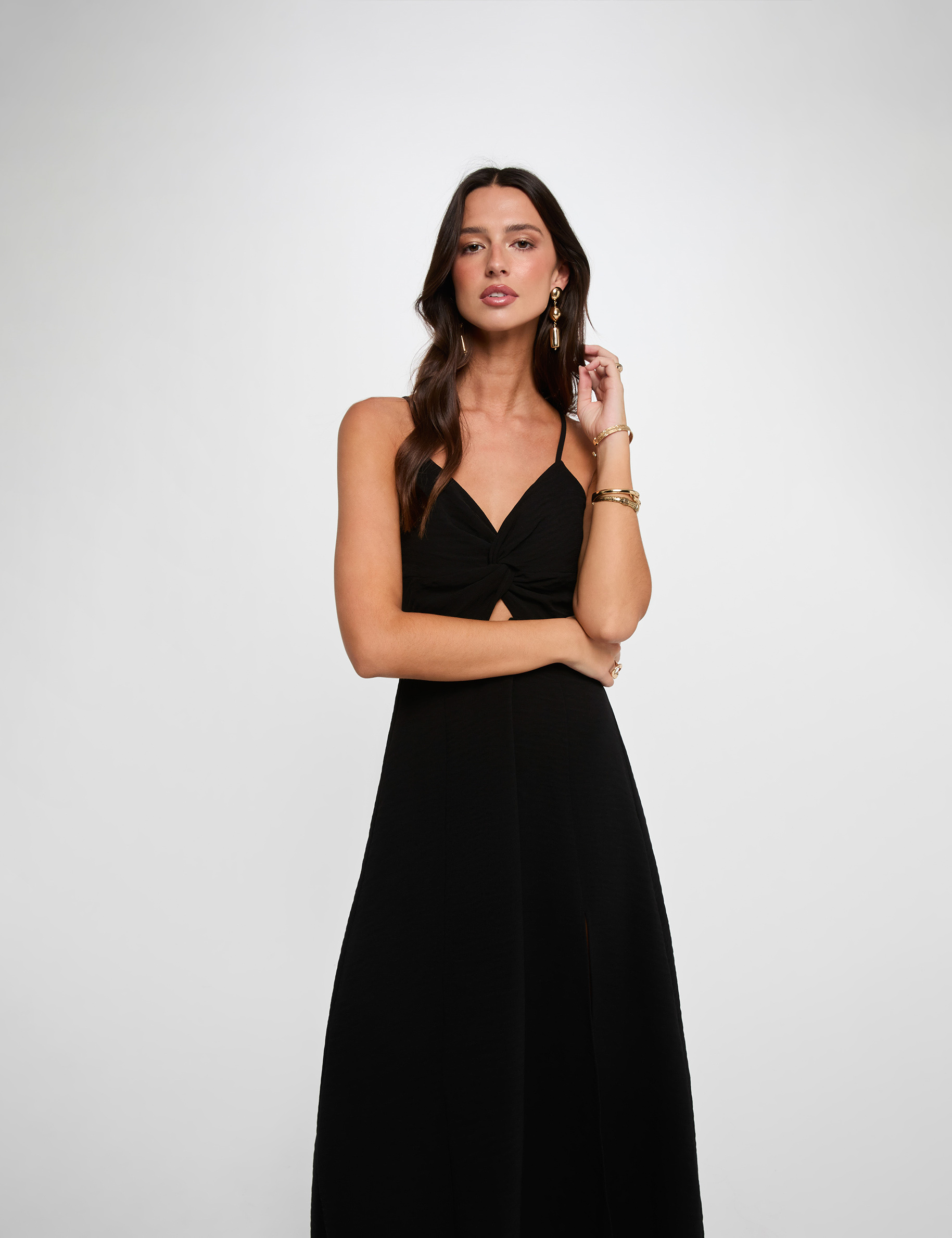 Robe longue col v noir femme