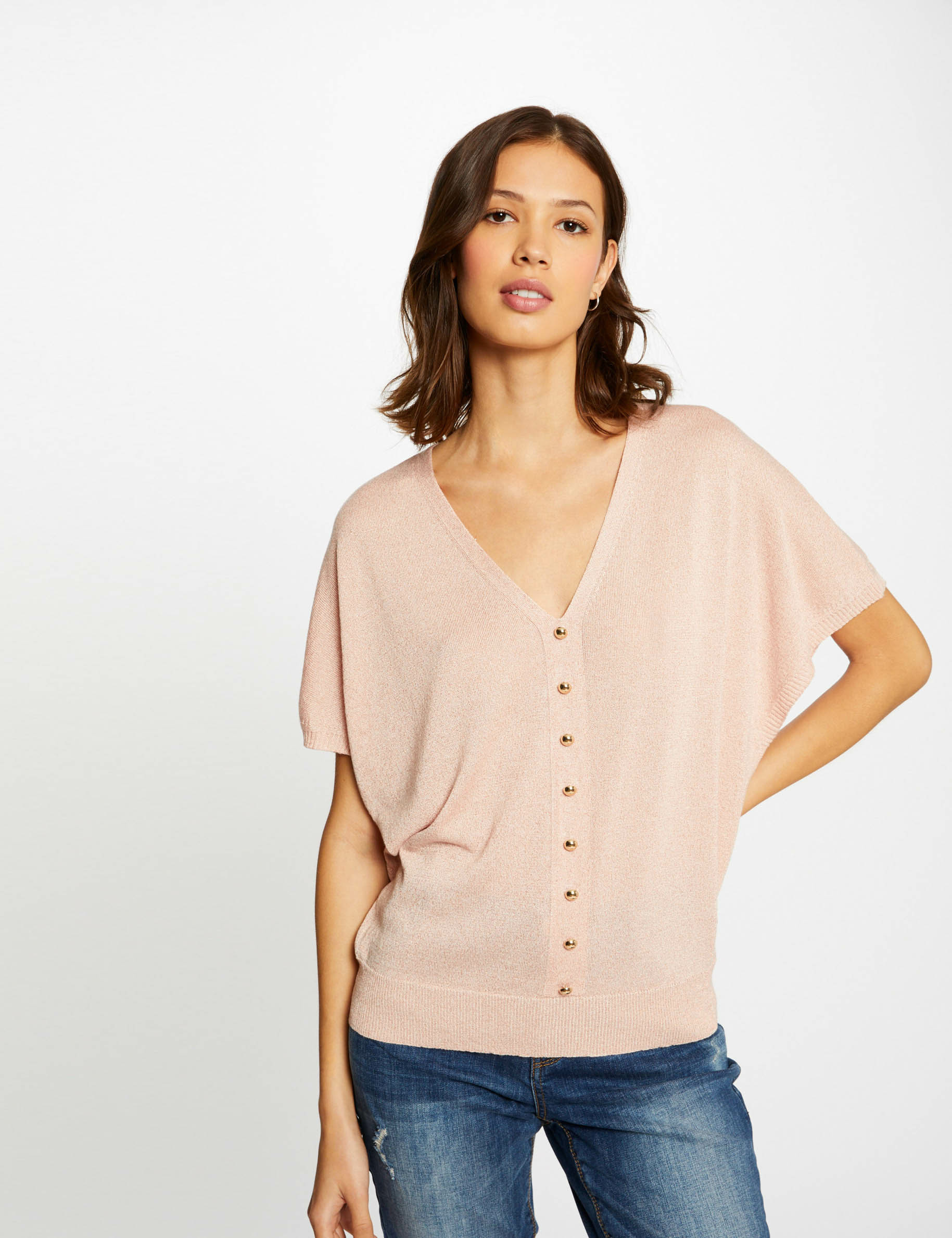 Pull manches courtes avec boutons vieux rose femme Pull manches courtes avec boutons vieux rose femme