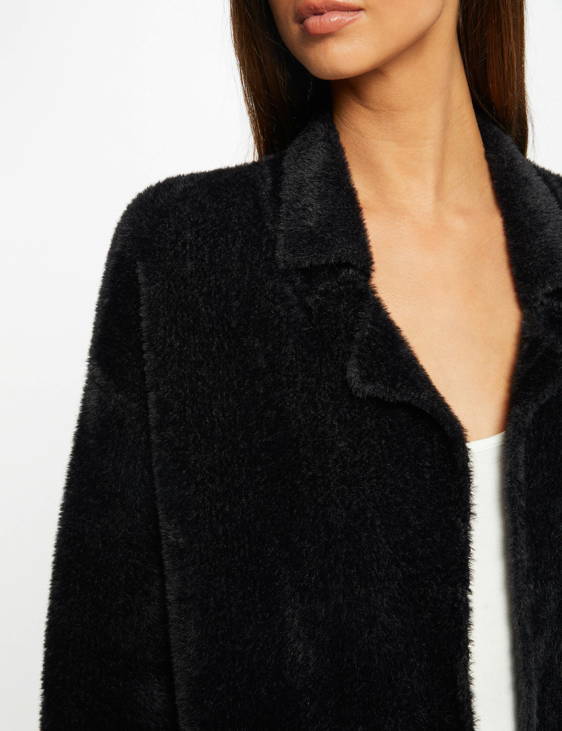 gilet long droit maille duveteuse noir femme Gilet long droit maille duveteuse noir femme