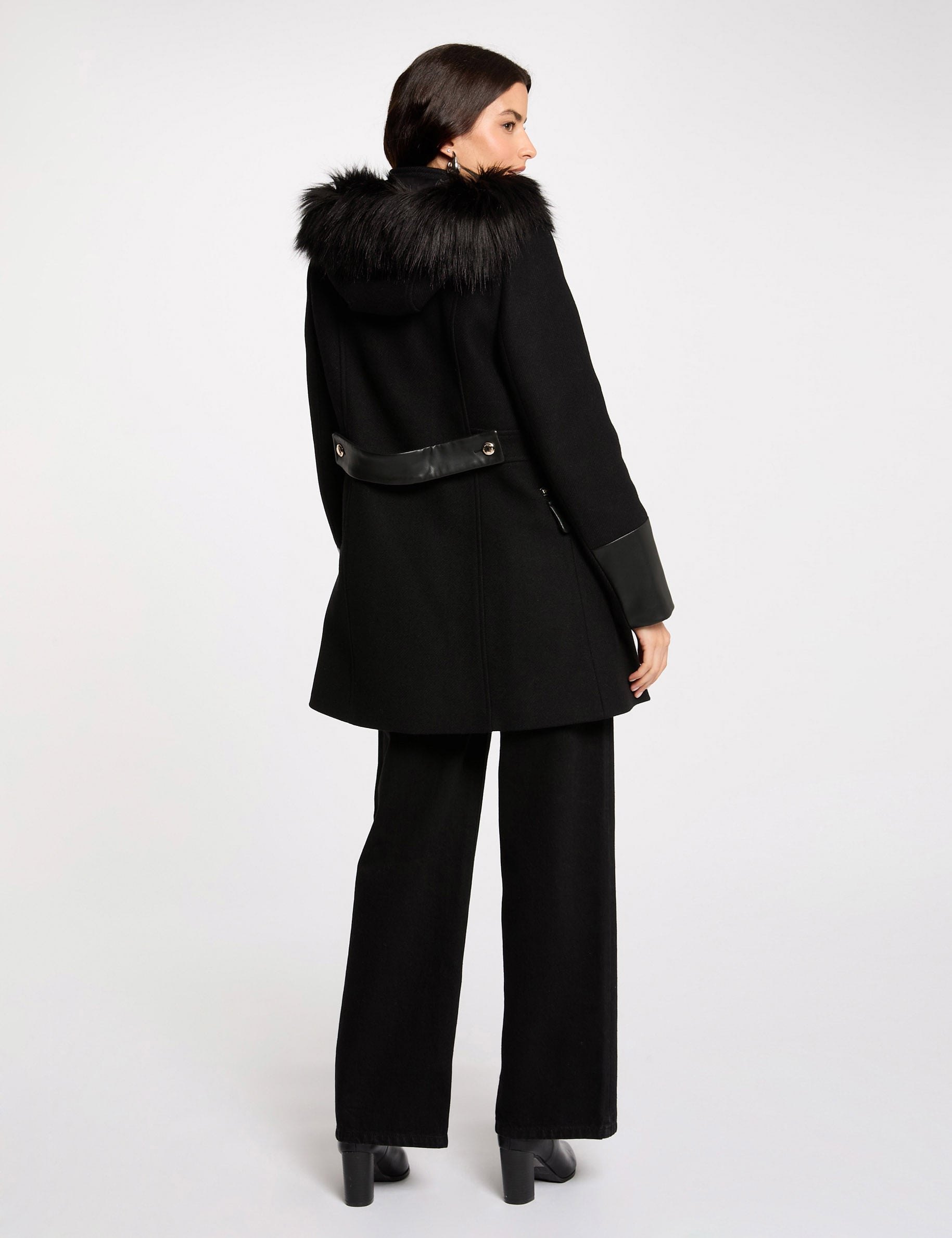 Manteau bouclette col montant noir femme