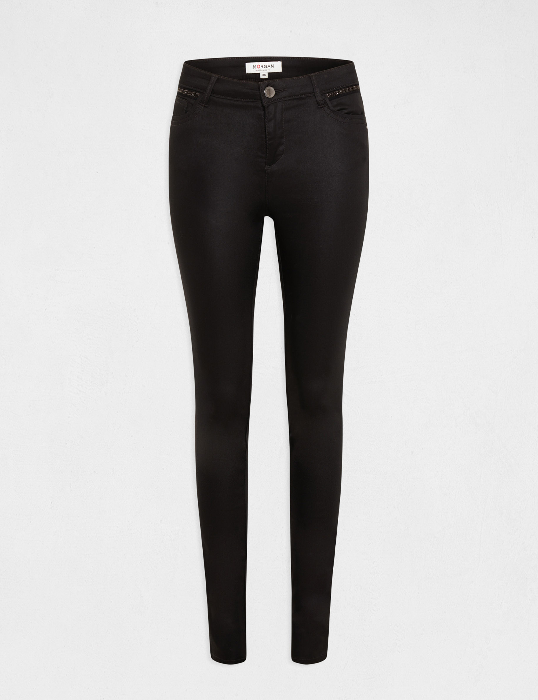 pantalon skinny enduit a details bijoux noir femme Pantalon skinny enduit à détails bijoux noir femme