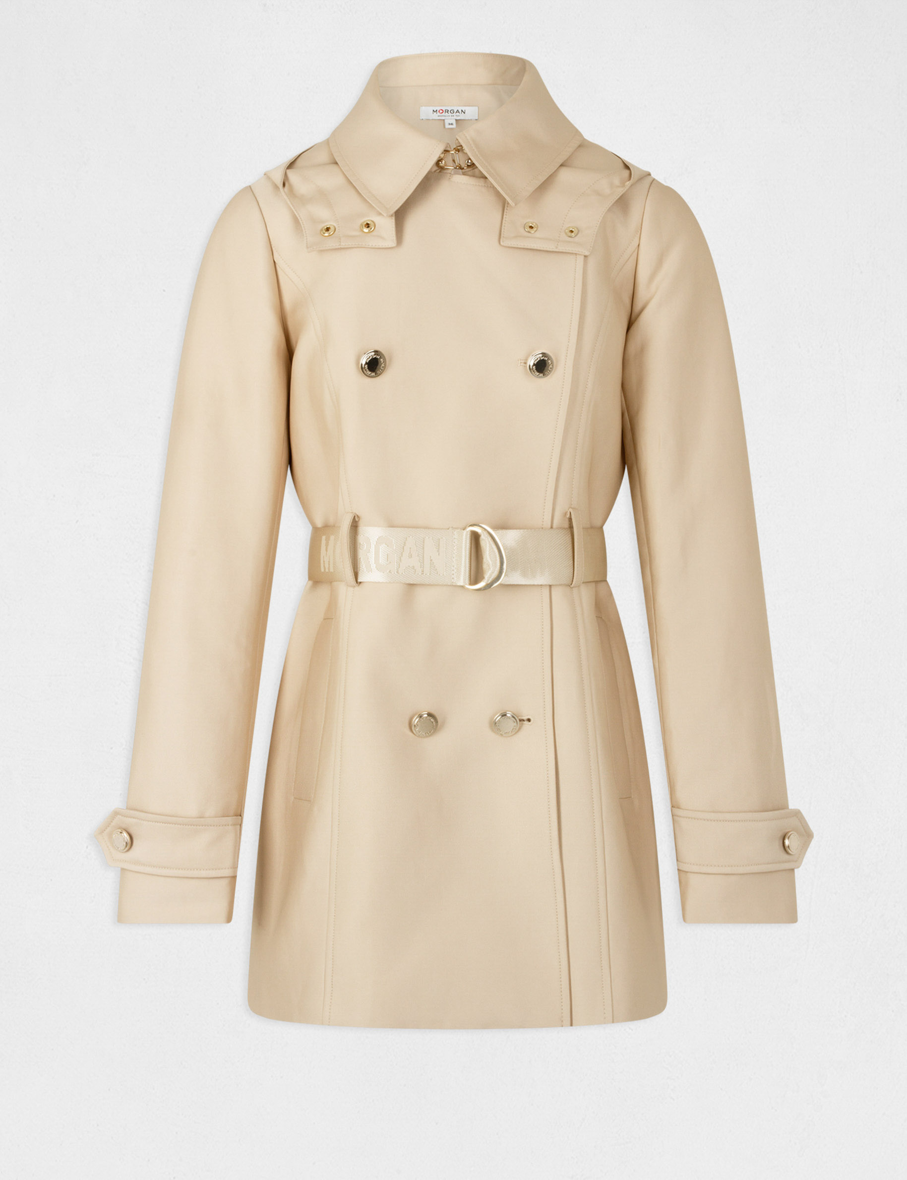 trench droit ceinture a capuche beige femme Trench droit ceinturé à capuche beige femme