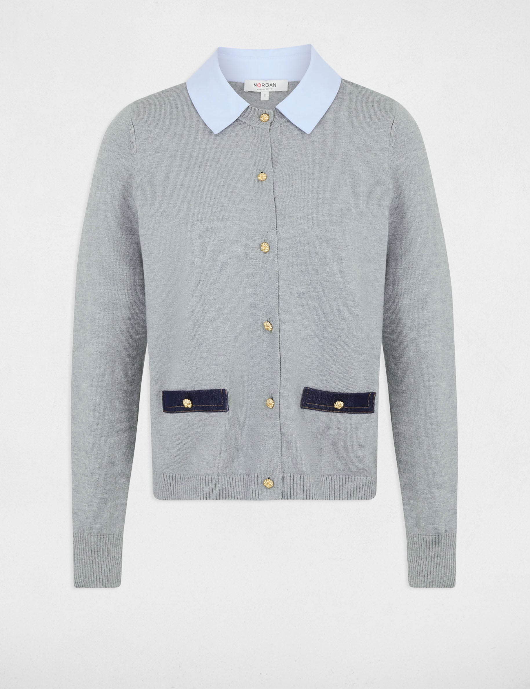 Pull col &agrave; revers gris clair femme