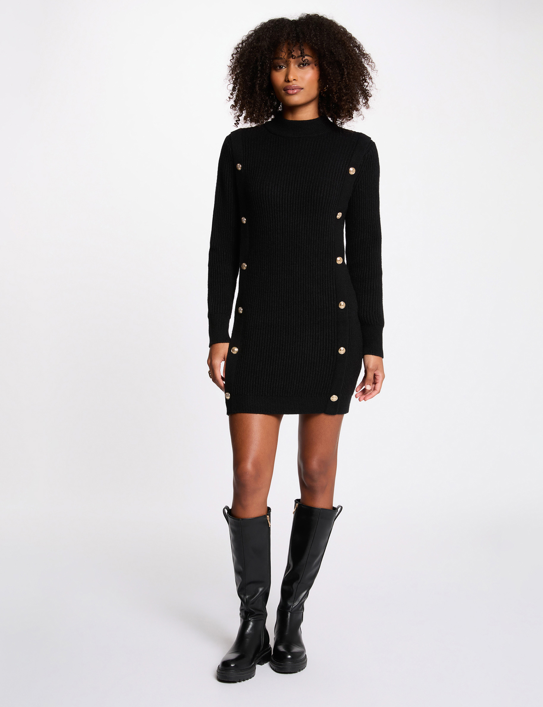 Robe tricot courte col rond noir femme