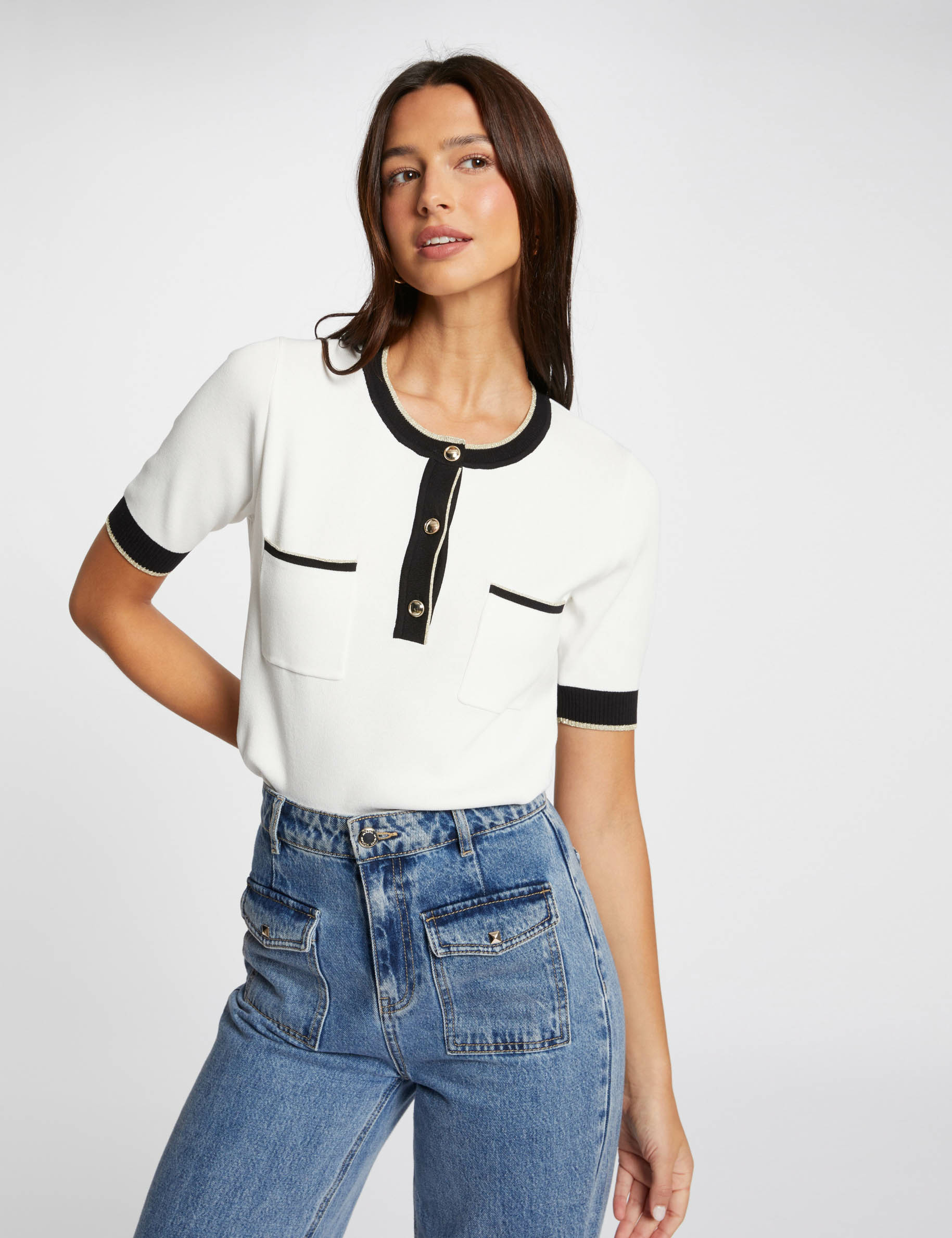 pull manches courtes 2 poches ecru femme Pull manches courtes 2 poches ecru femme
