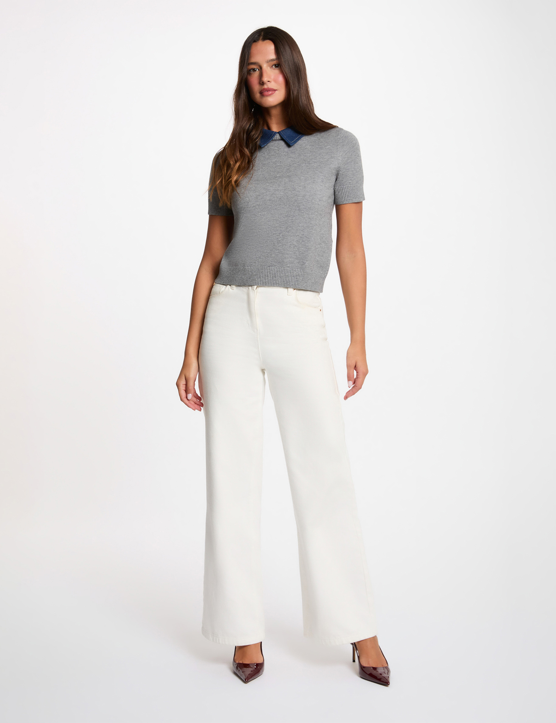 Pull col &agrave; revers gris clair femme