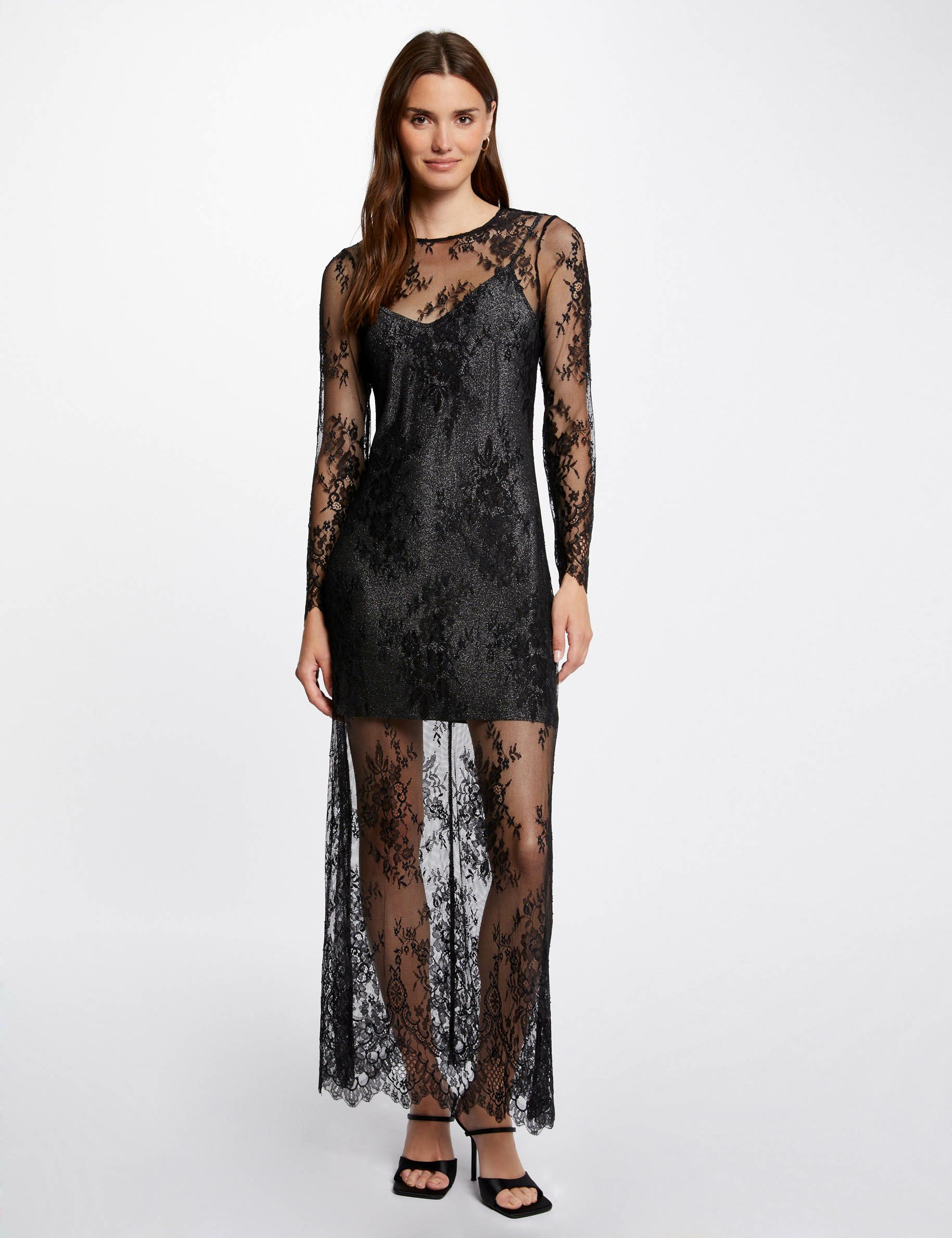Robe longue droite en dentelle noir femme Morgan