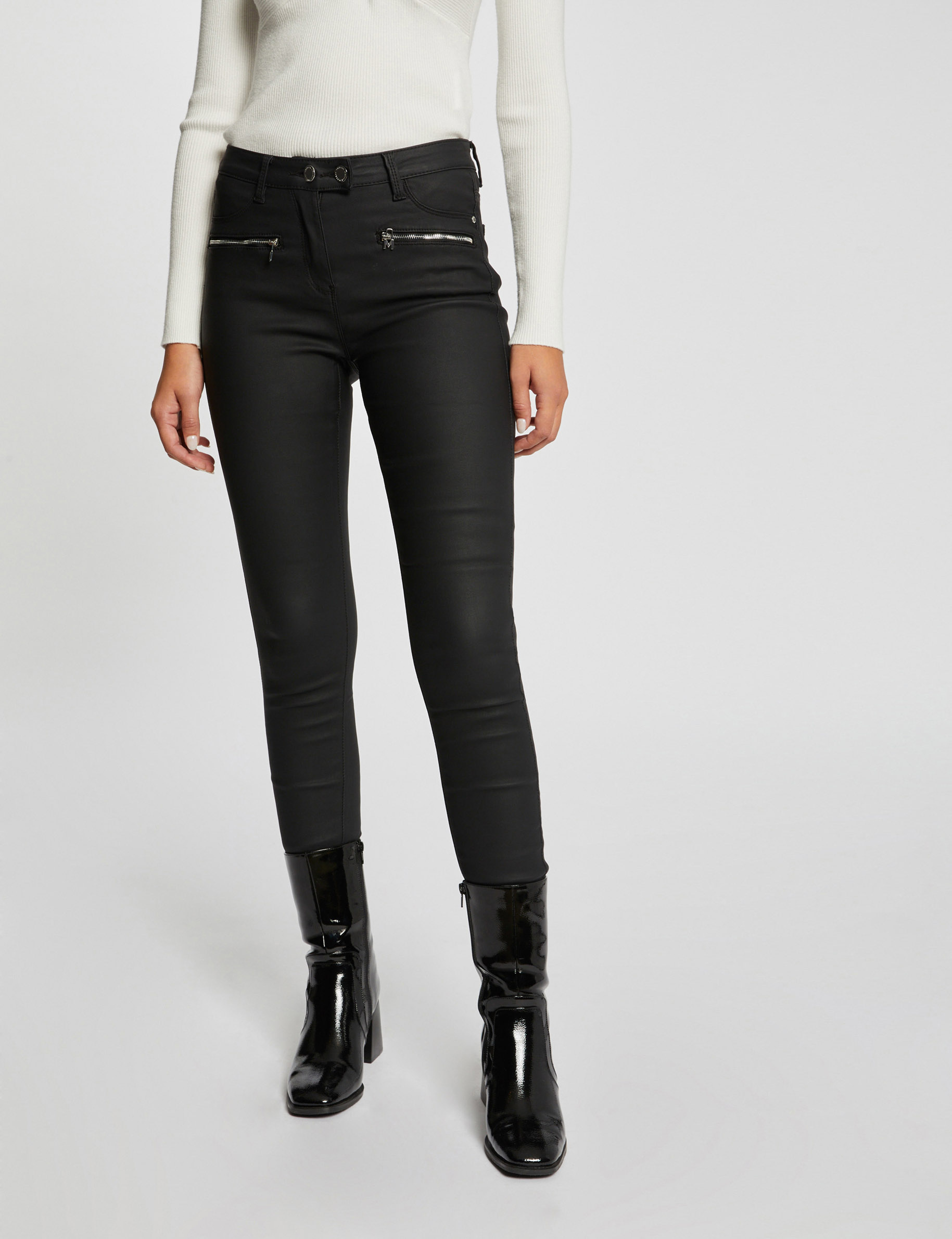 pantalon skinny enduit details zippes noir femme Pantalon skinny enduit détails zippés noir femme
