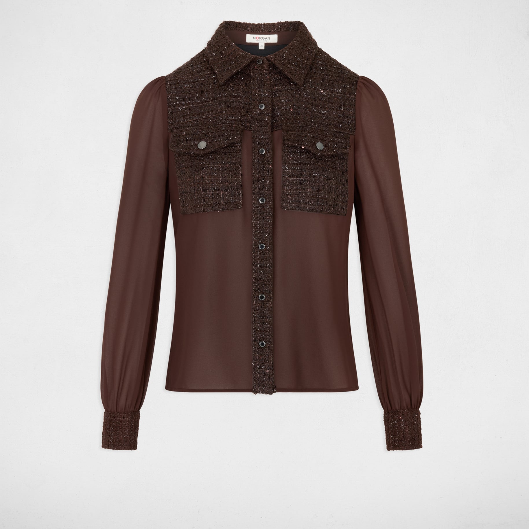 Chemise tweed col &agrave; revers marron fonc&eacute; femme