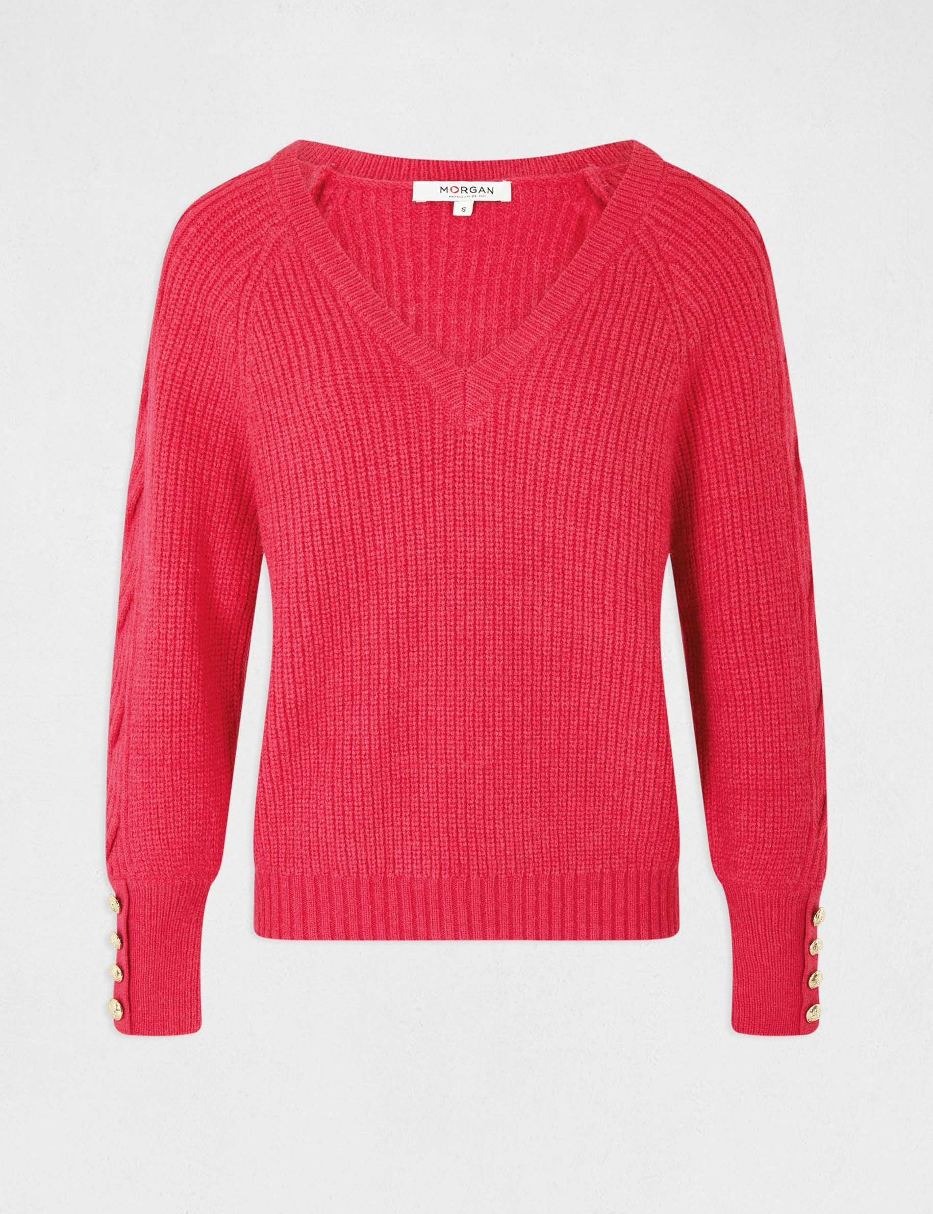 Pull manches longues col en V rose moyen femme