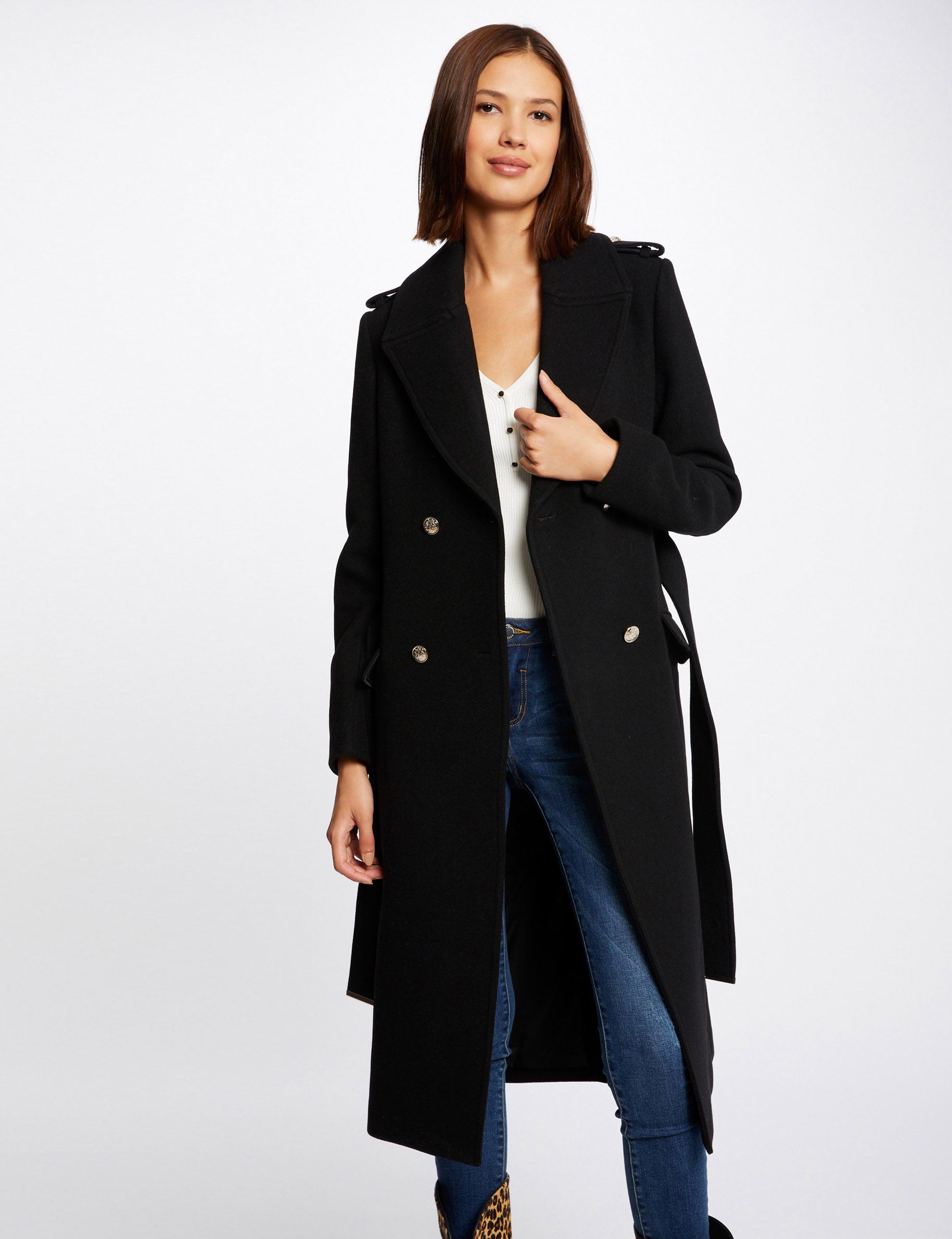 Manteau droit boutonné noir femme