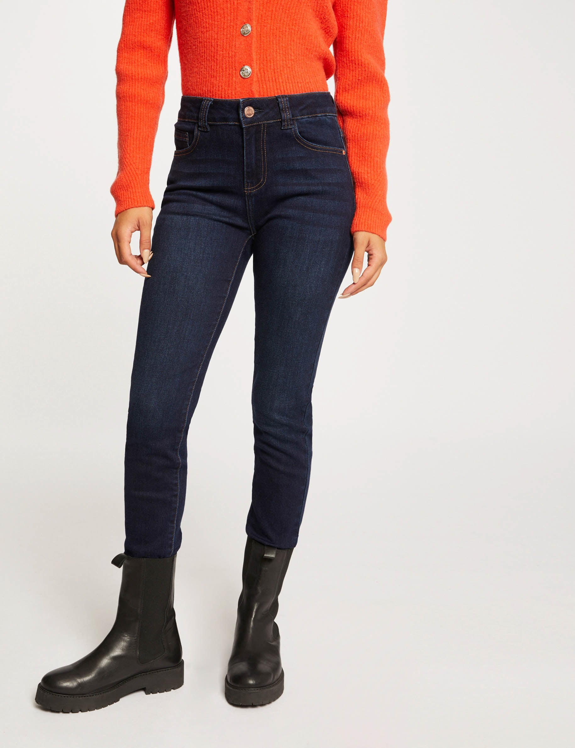 Jeans slim taille haute denim brut femme