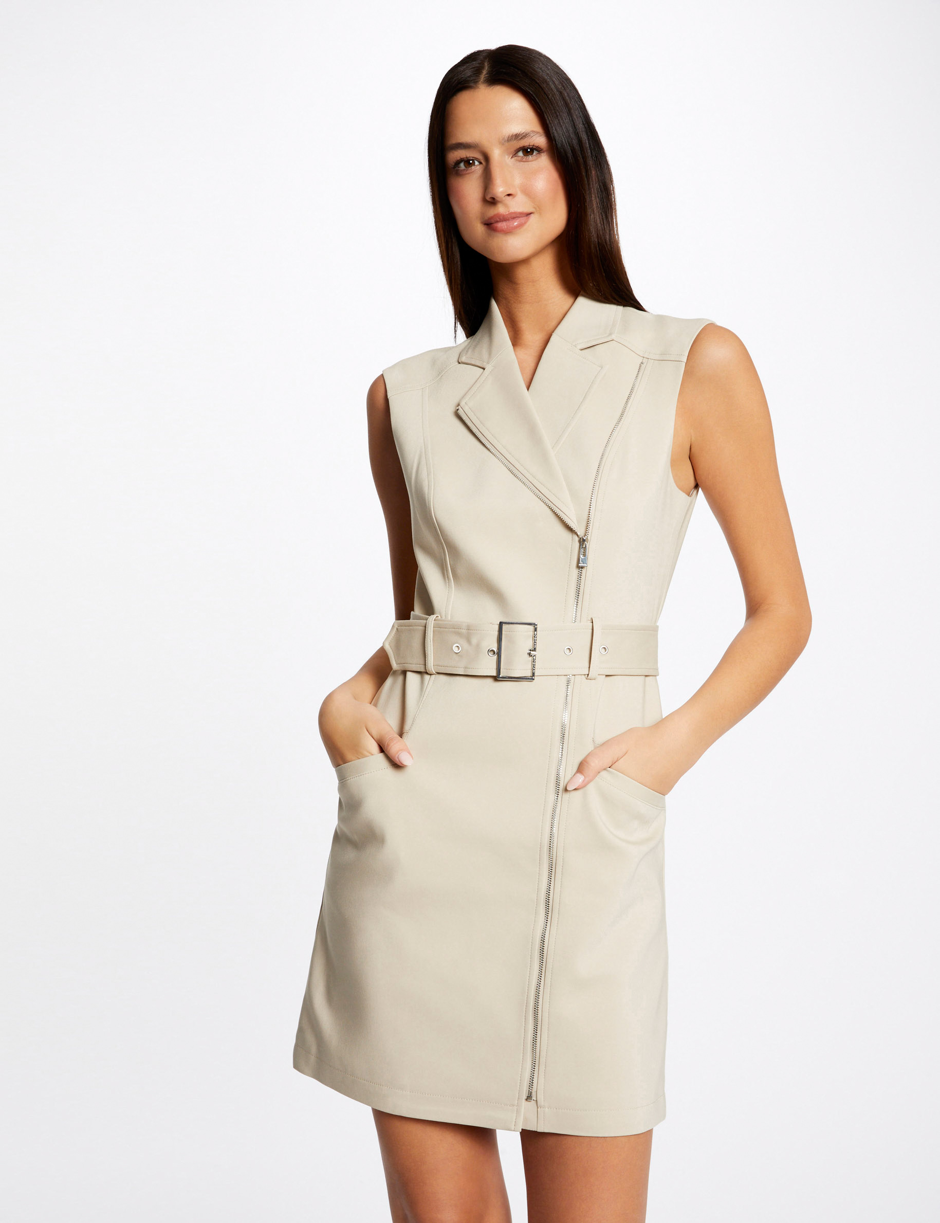 Robe portefeuille zippée ceinturée beige clair femme Robe portefeuille zippée ceinturée beige clair femme