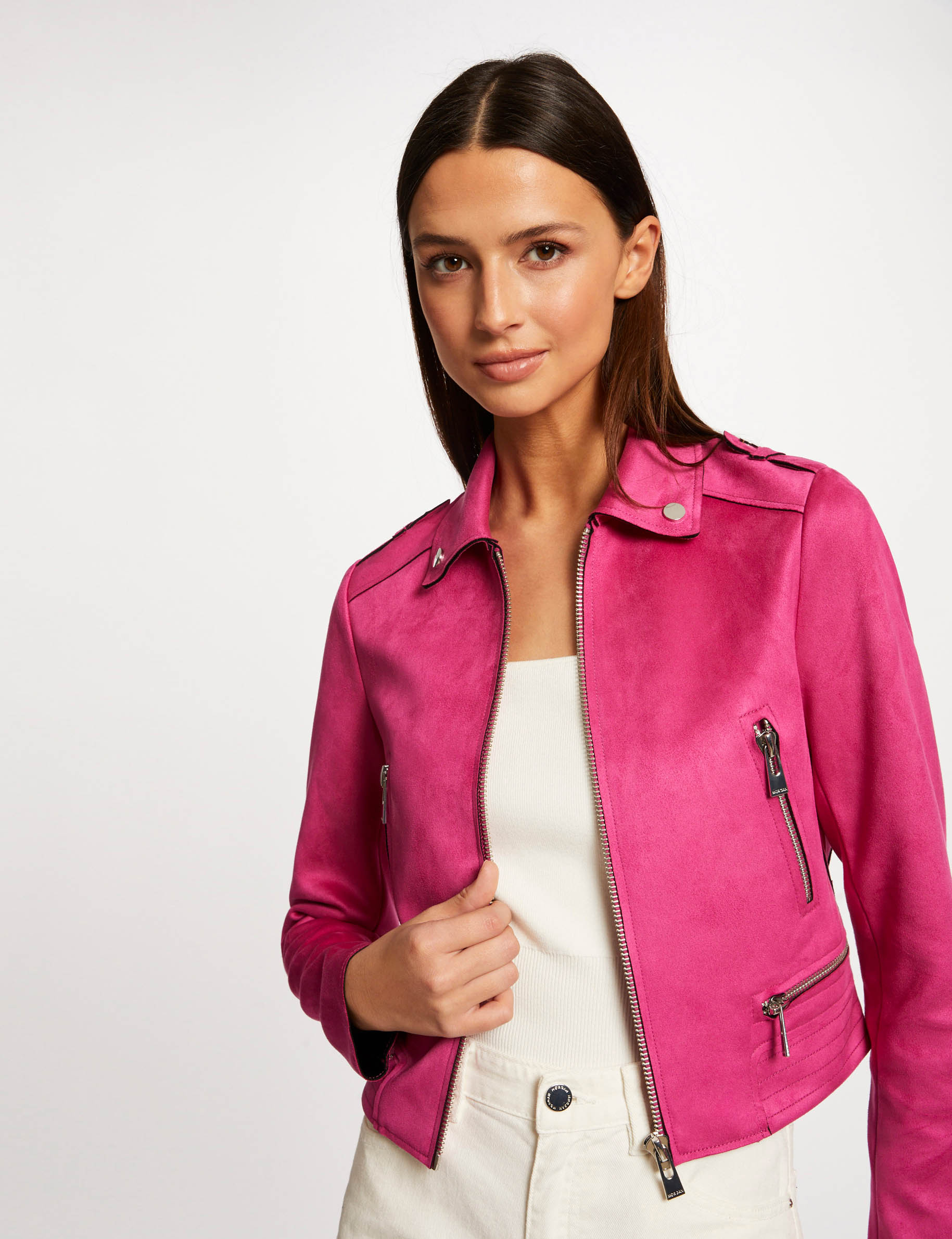 Blouson droit aspect suédine framboise femme