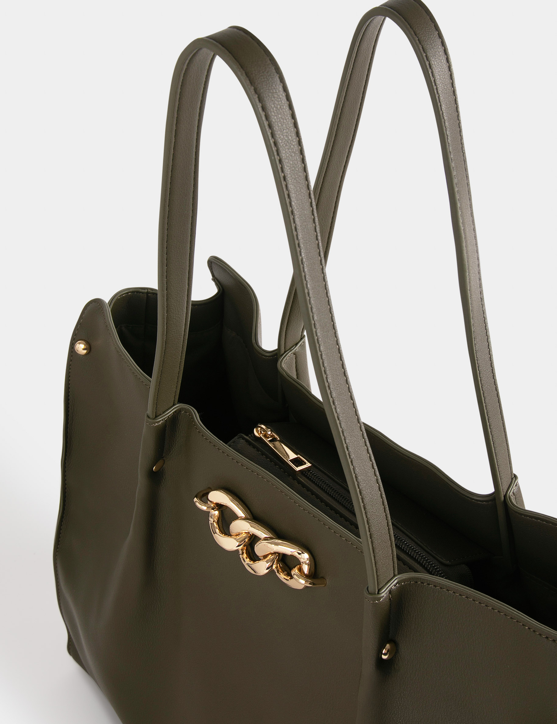 Sac cabas avec détail chaîne vert kaki femme Sac cabas avec détail chaîne vert kaki femme