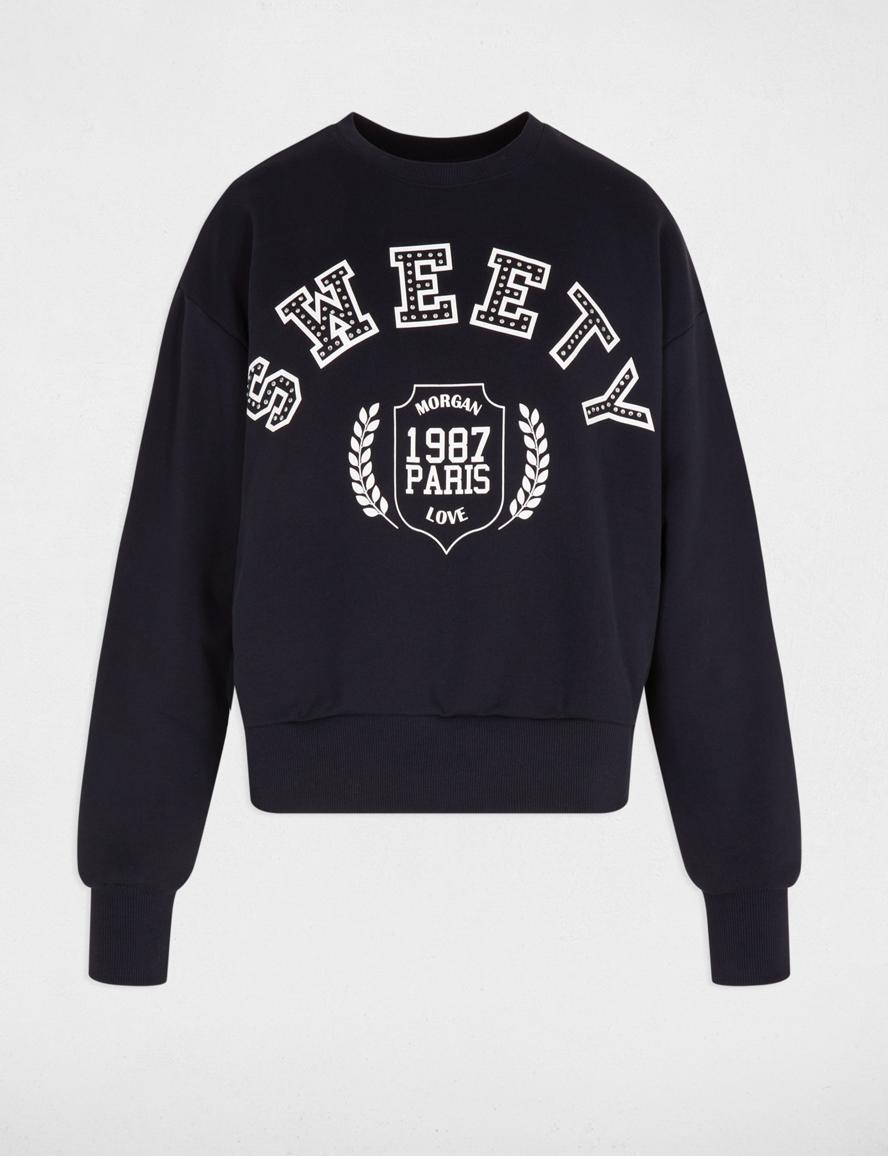 Sweat col rond imprim&eacute; bleu marine femme