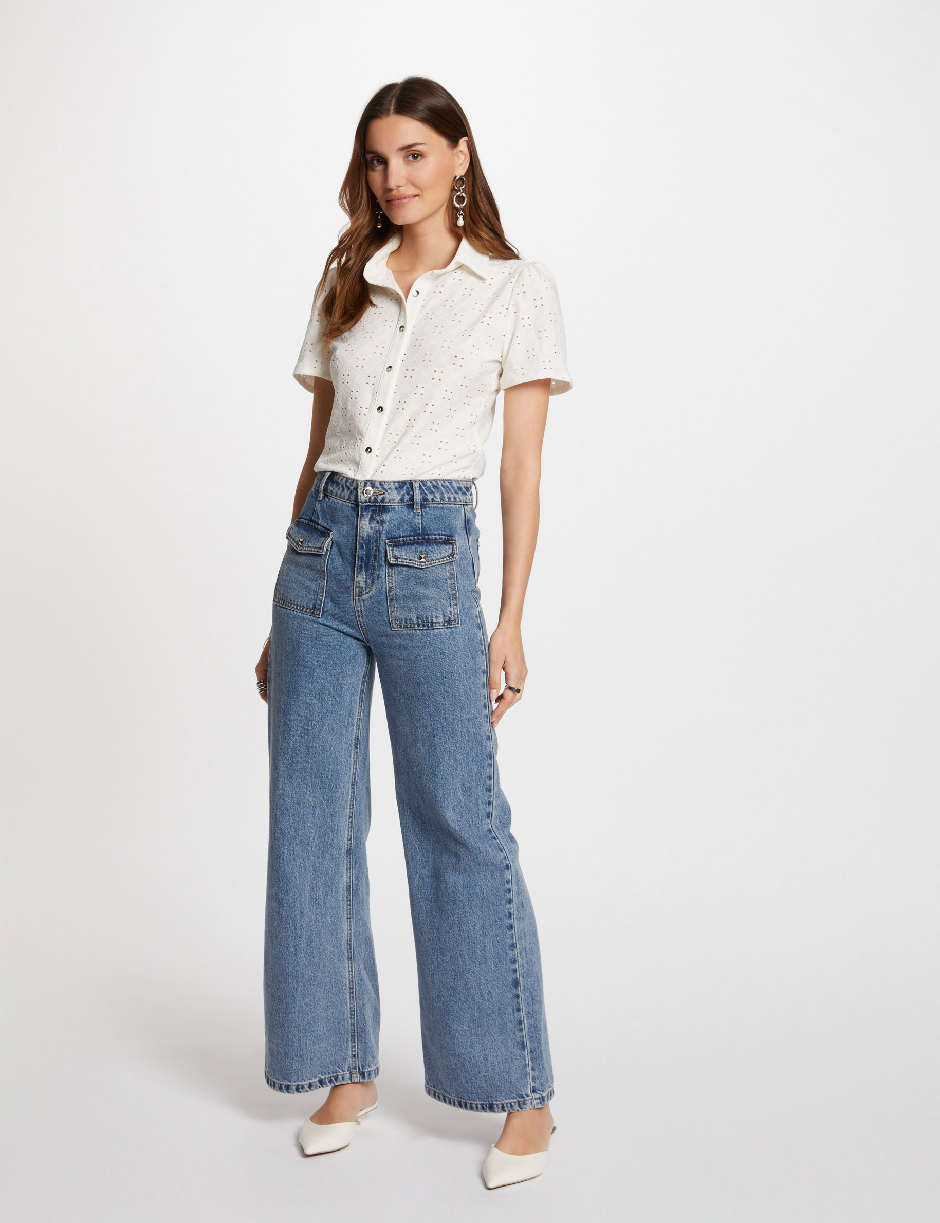 t shirt manches courtes brode ivoire femme T-shirt manches courtes brodé ivoire femme