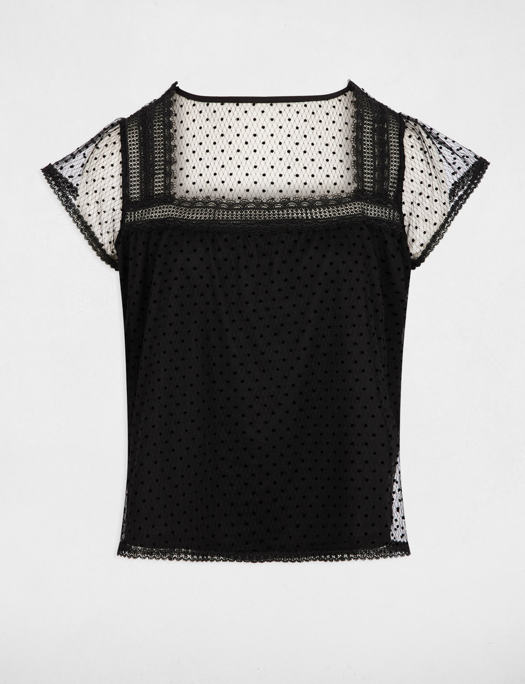T-shirt dentelle encolure carr&eacute;e noir femme