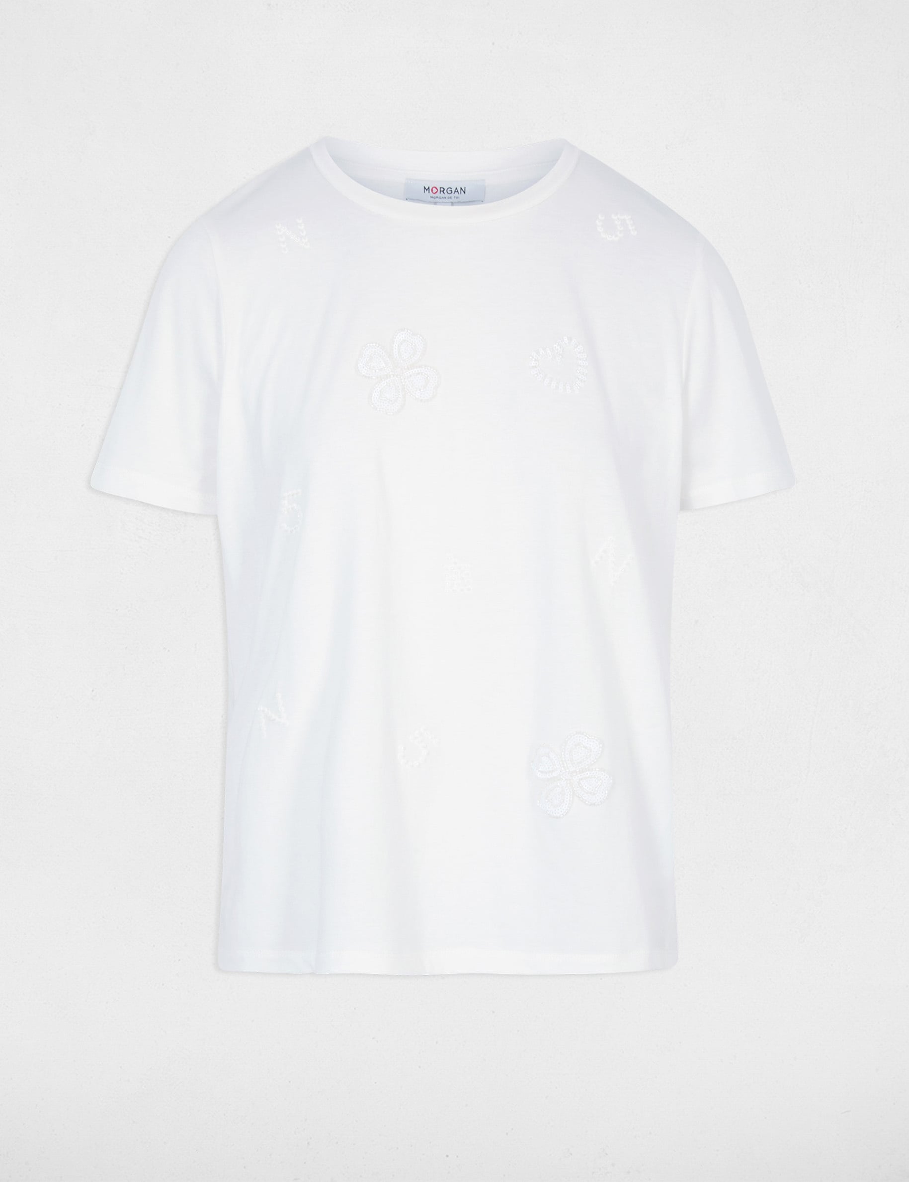 T-shirt brod&eacute; col rond blanc femme