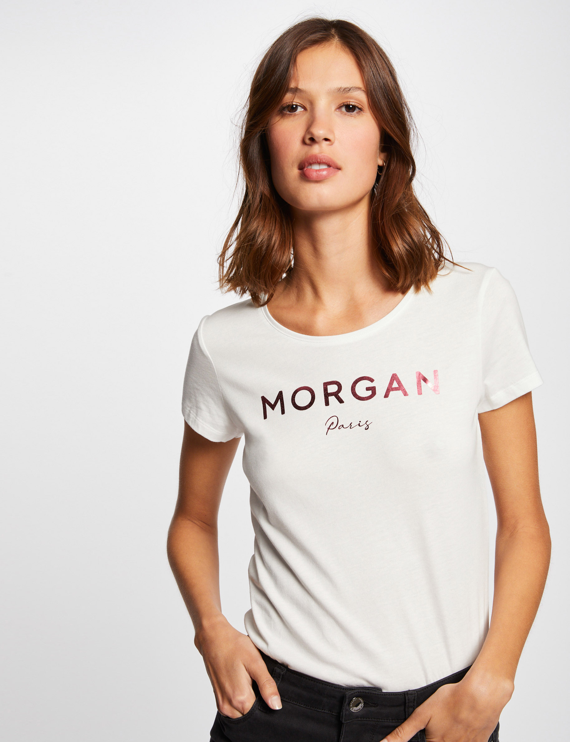 Image of T-shirt manches courtes à inscription corail femme