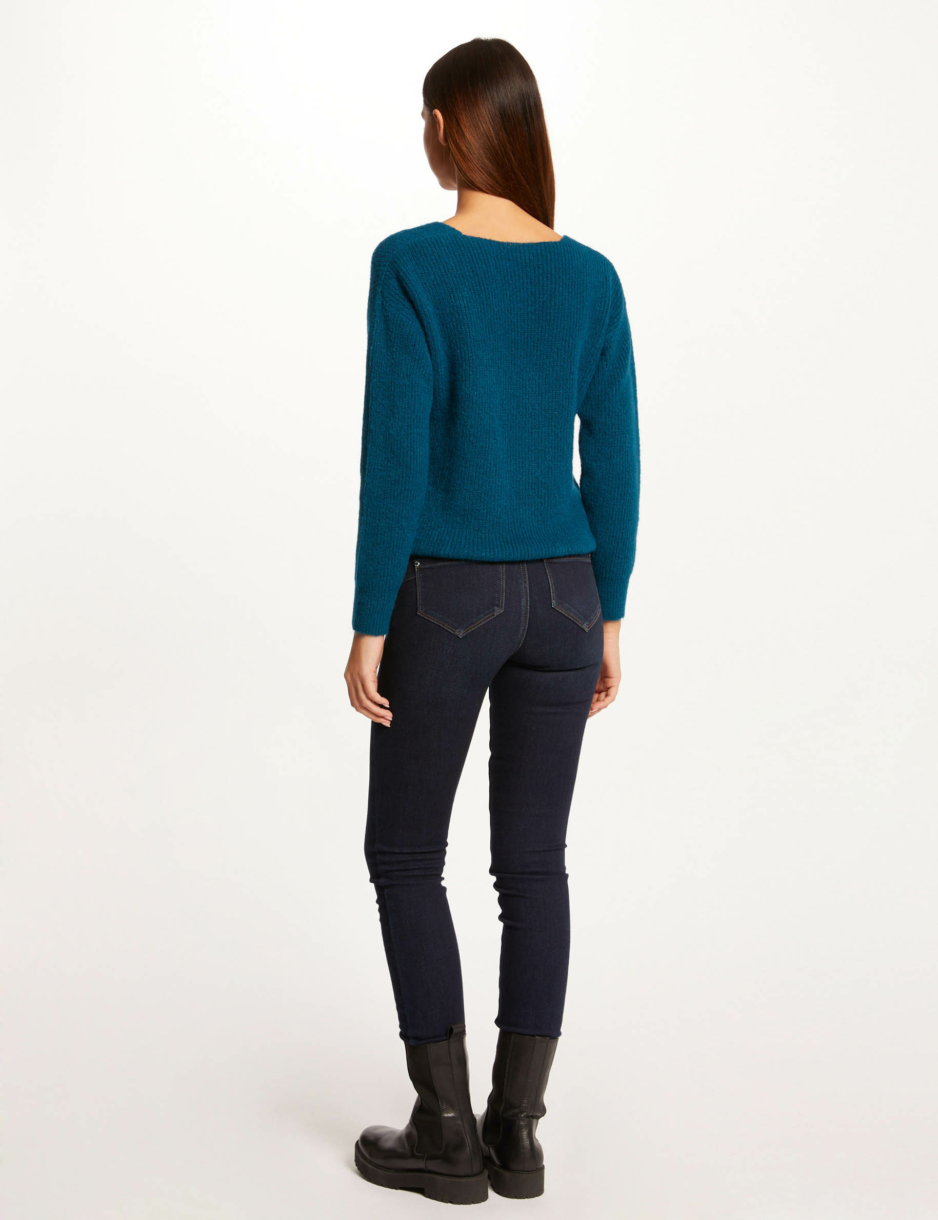 Pull manches longues avec col en V bleu moyen femme Pull manches longues avec col en V bleu moyen femme