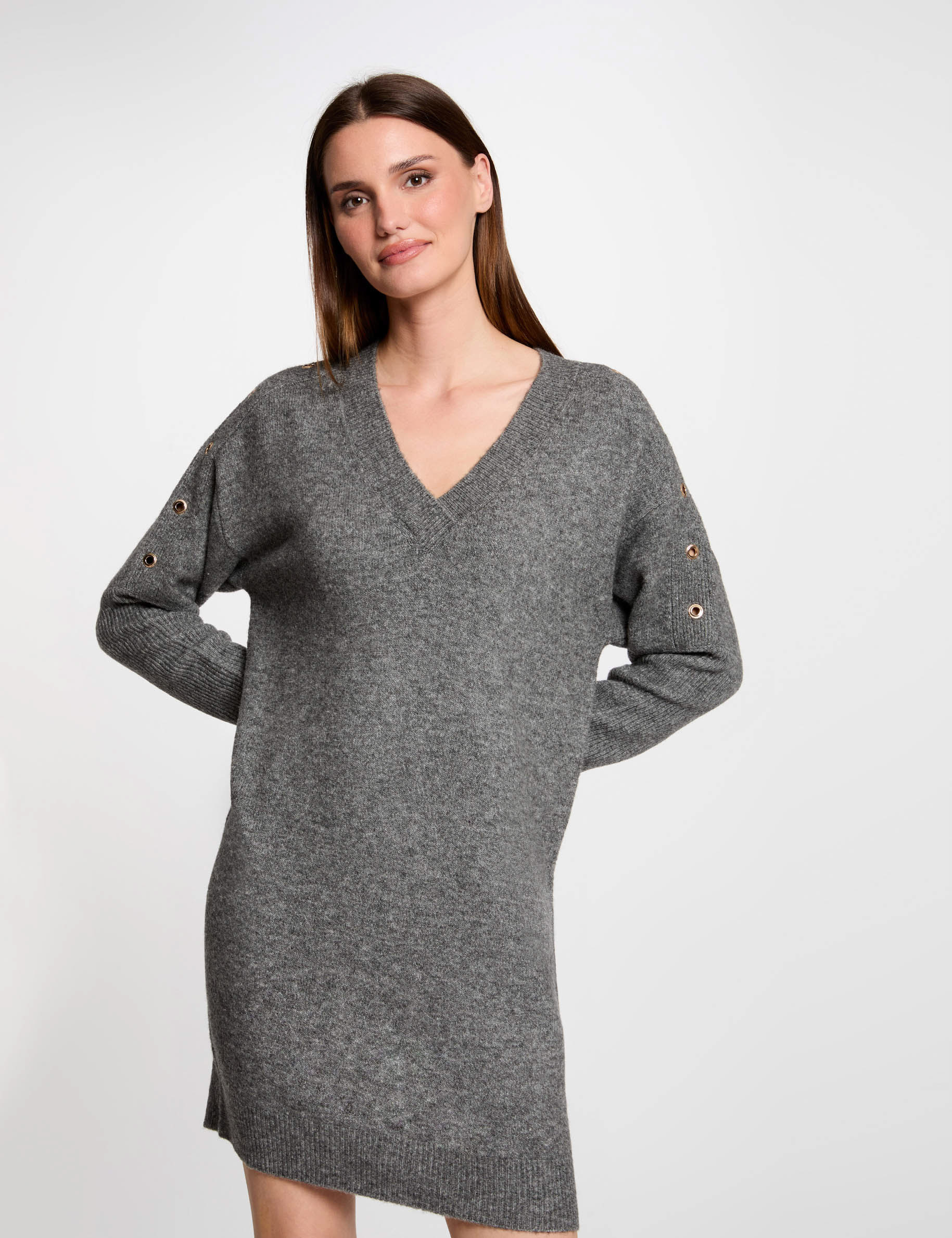 Robe tricot droite &agrave; oeillets gris anthracite femme