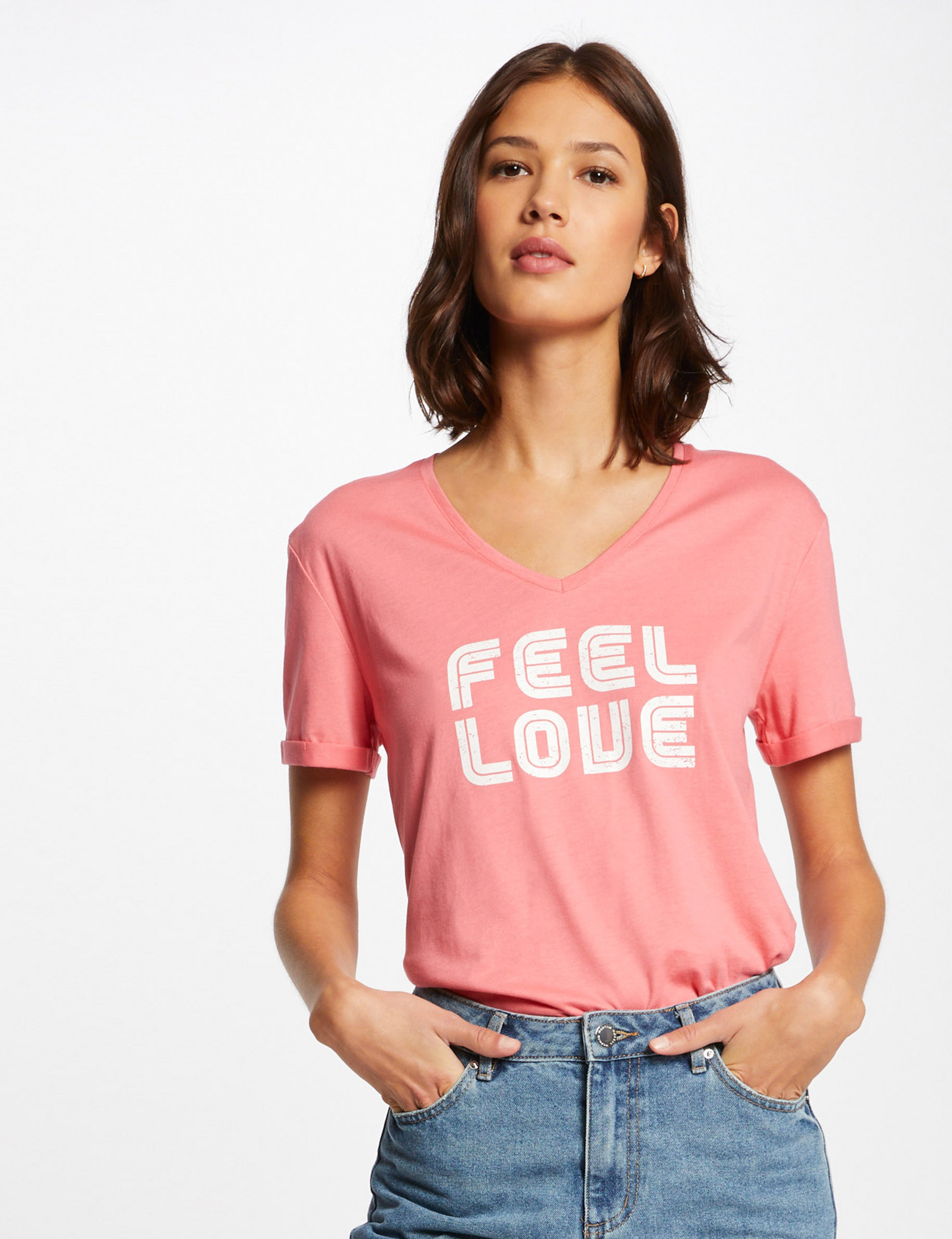 T-shirt manches courtes à inscription rose femme