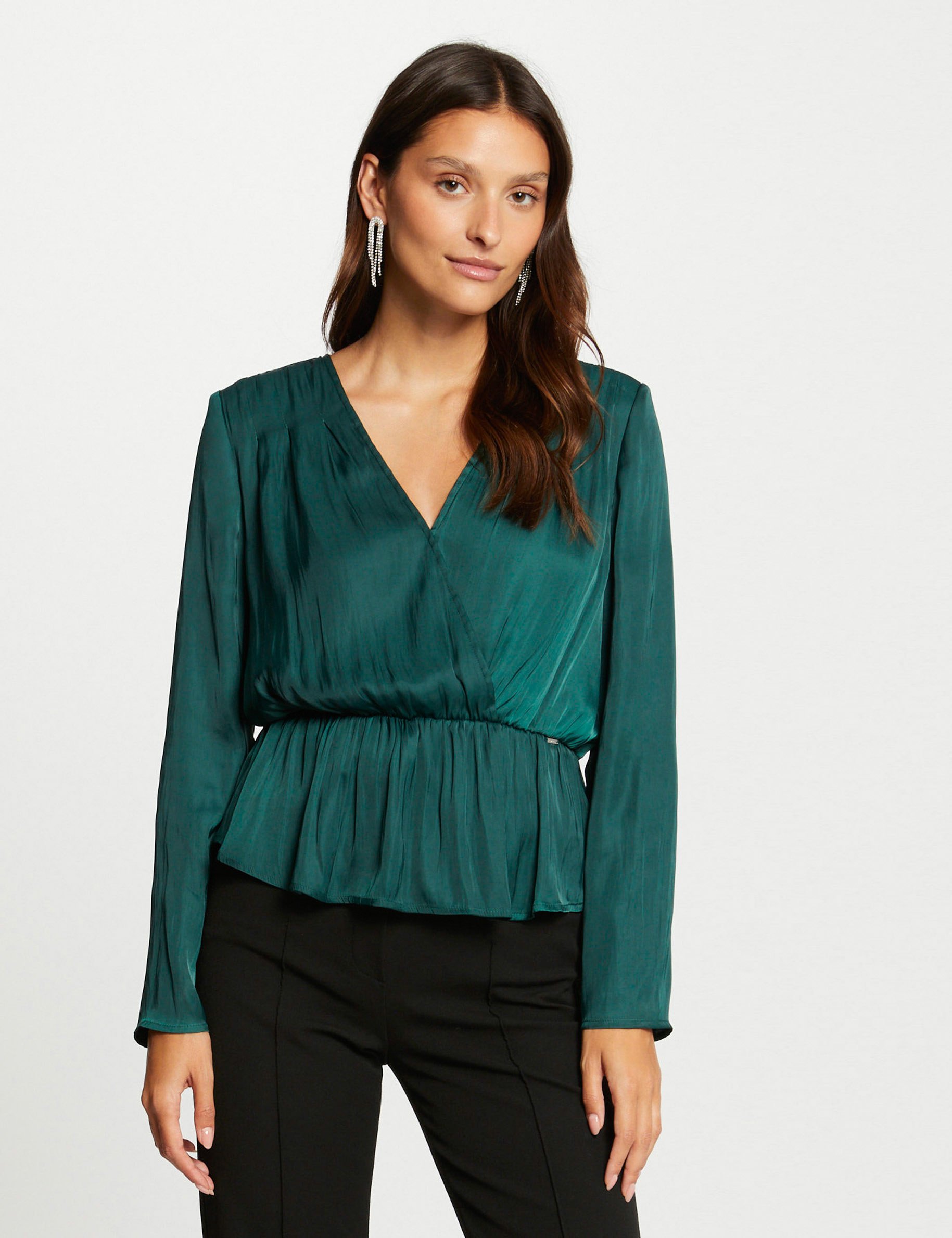 Blouse manches longues satin vert fonce femme