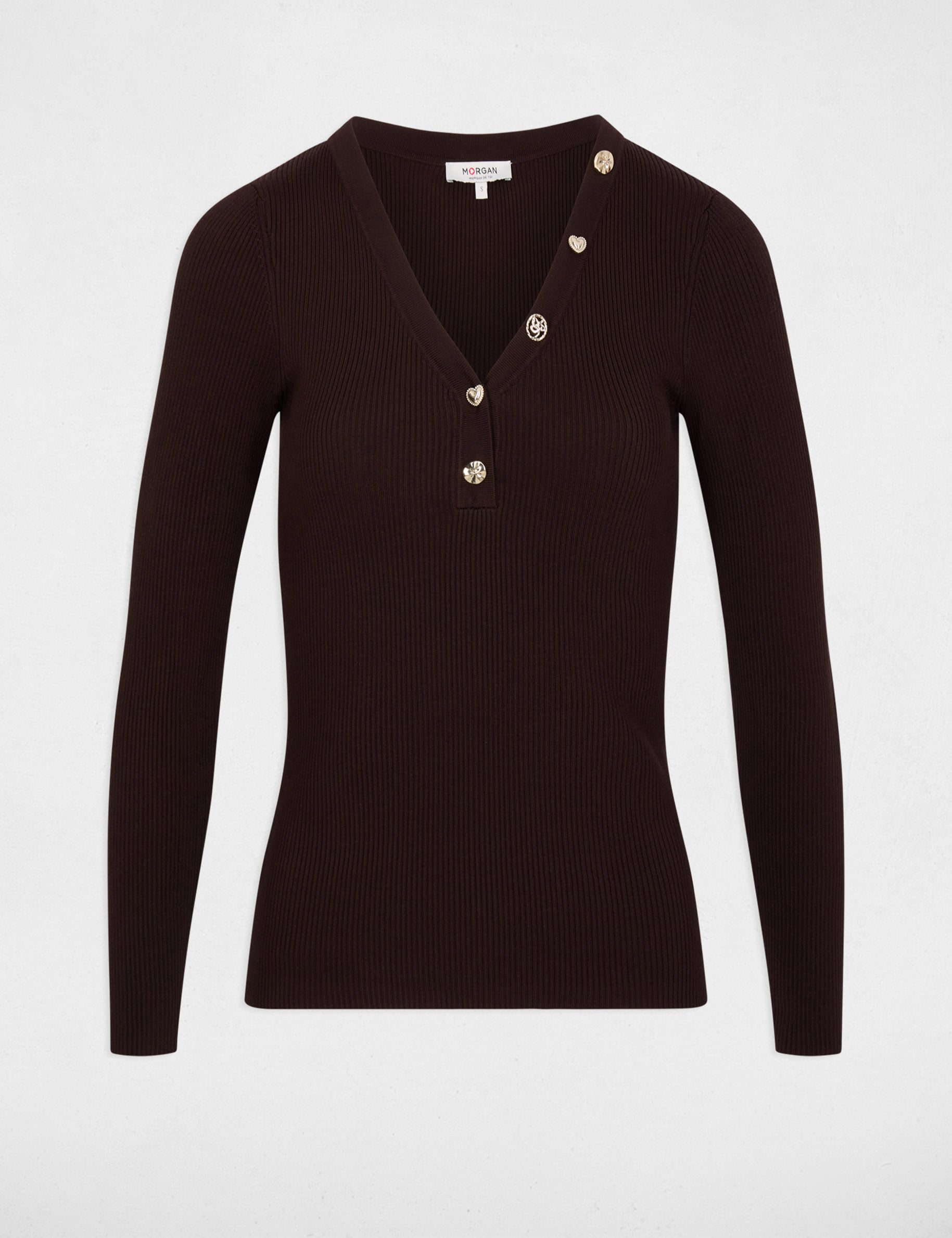 Pull col v fantaisie marron fonc&eacute; femme