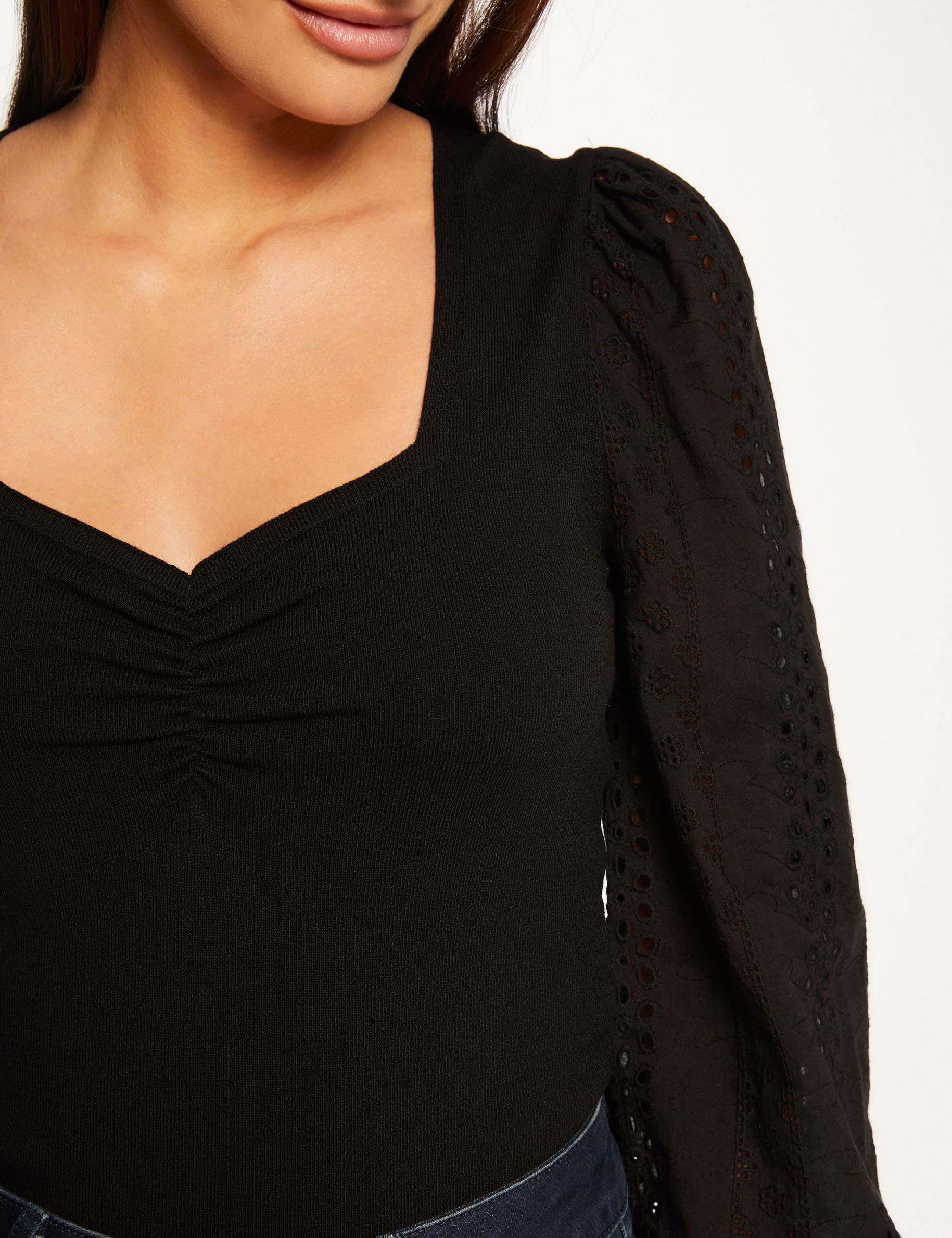 pull manches longues bouffantes brodees noir femme Pull manches longues bouffantes brodées noir femme