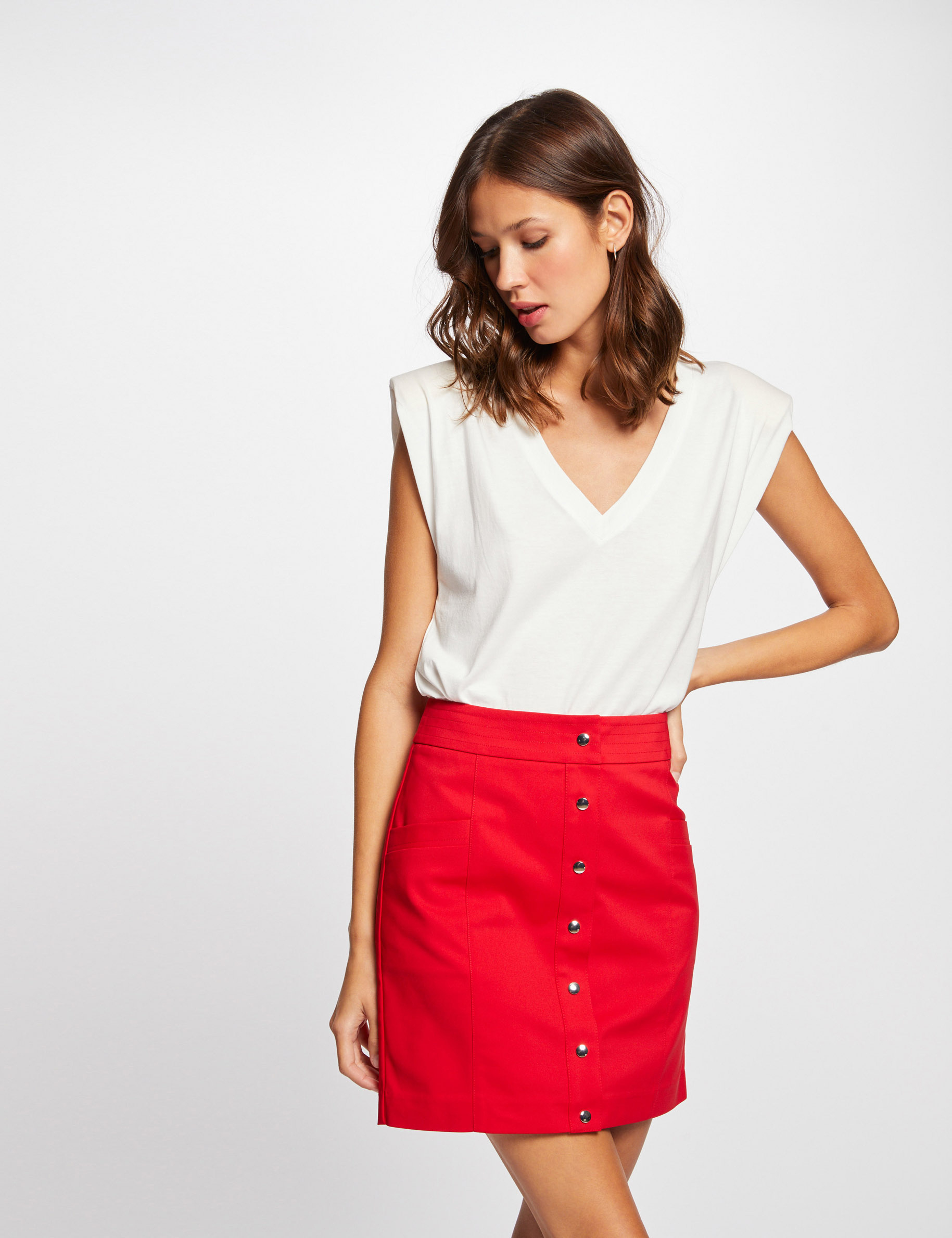 Jupe droite taille haute boutonnée rouge femme