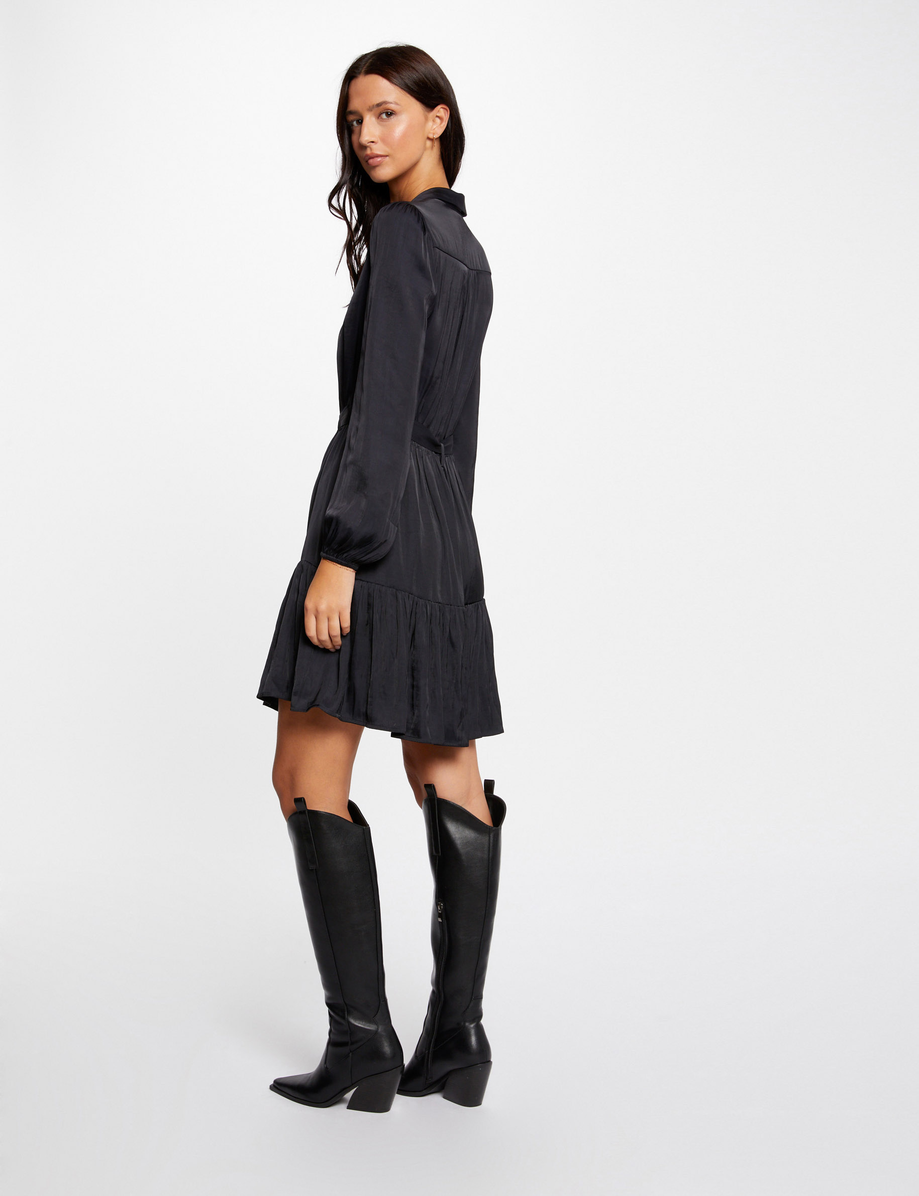 Robe trapèze satin ceinturée marine femme