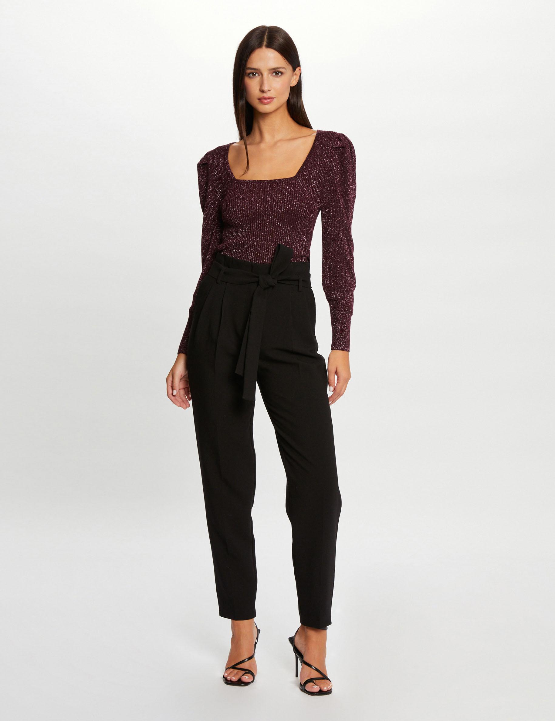Pull manches longues encolure carrée prune femme