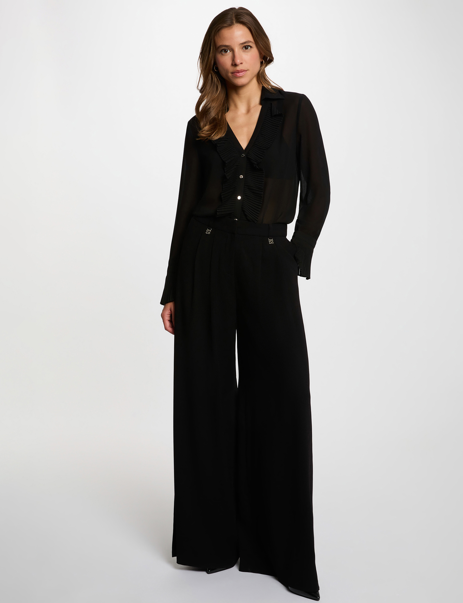 Chemise voile col &agrave; revers noir femme