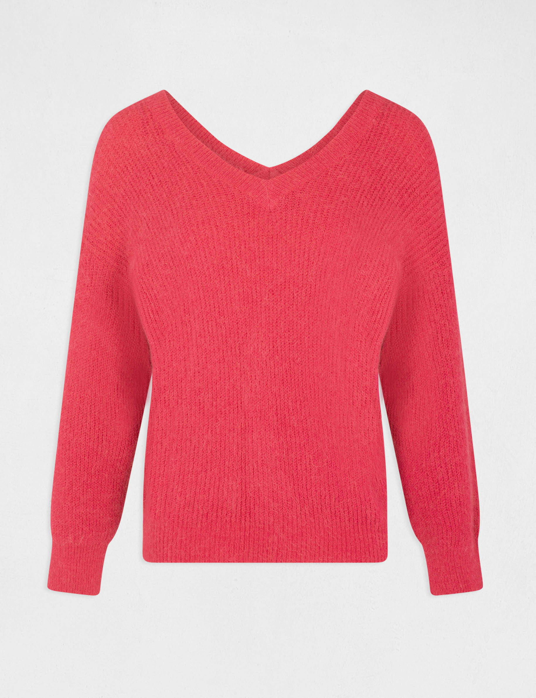 Pull manches longues à col en V framboise femme Pull manches longues à col en V framboise femme