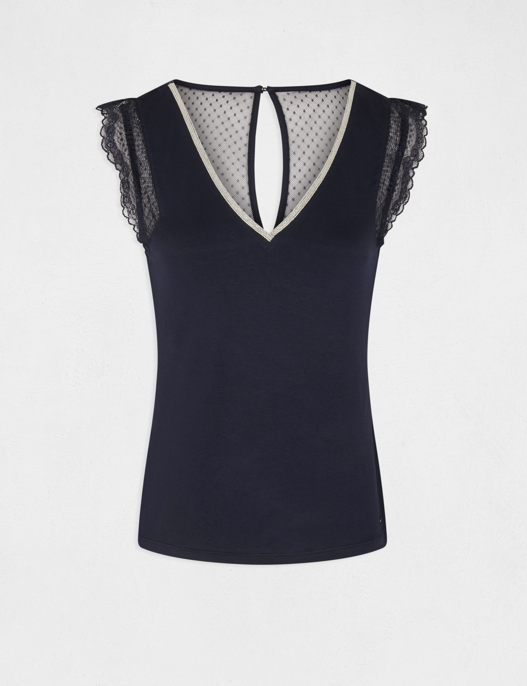 T-shirt manches courtes avec dentelle marine femme T-shirt manches courtes avec dentelle marine femme