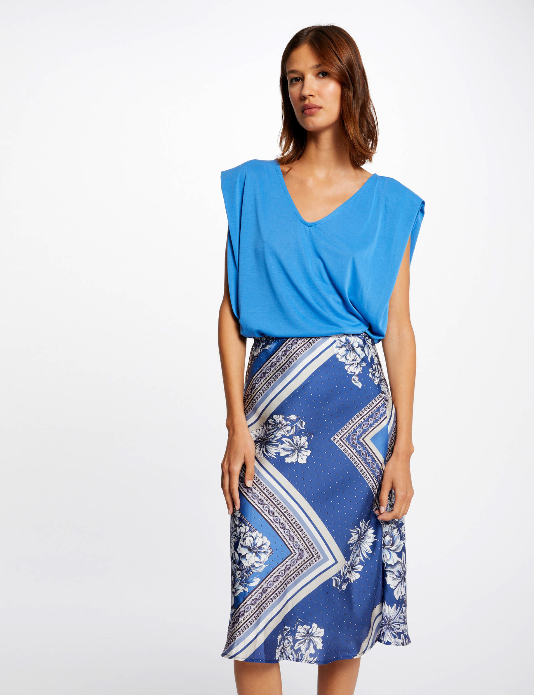 Jupe évasée taille haute imprimé floral bleu femme Jupe évasée taille haute imprimé floral bleu femme