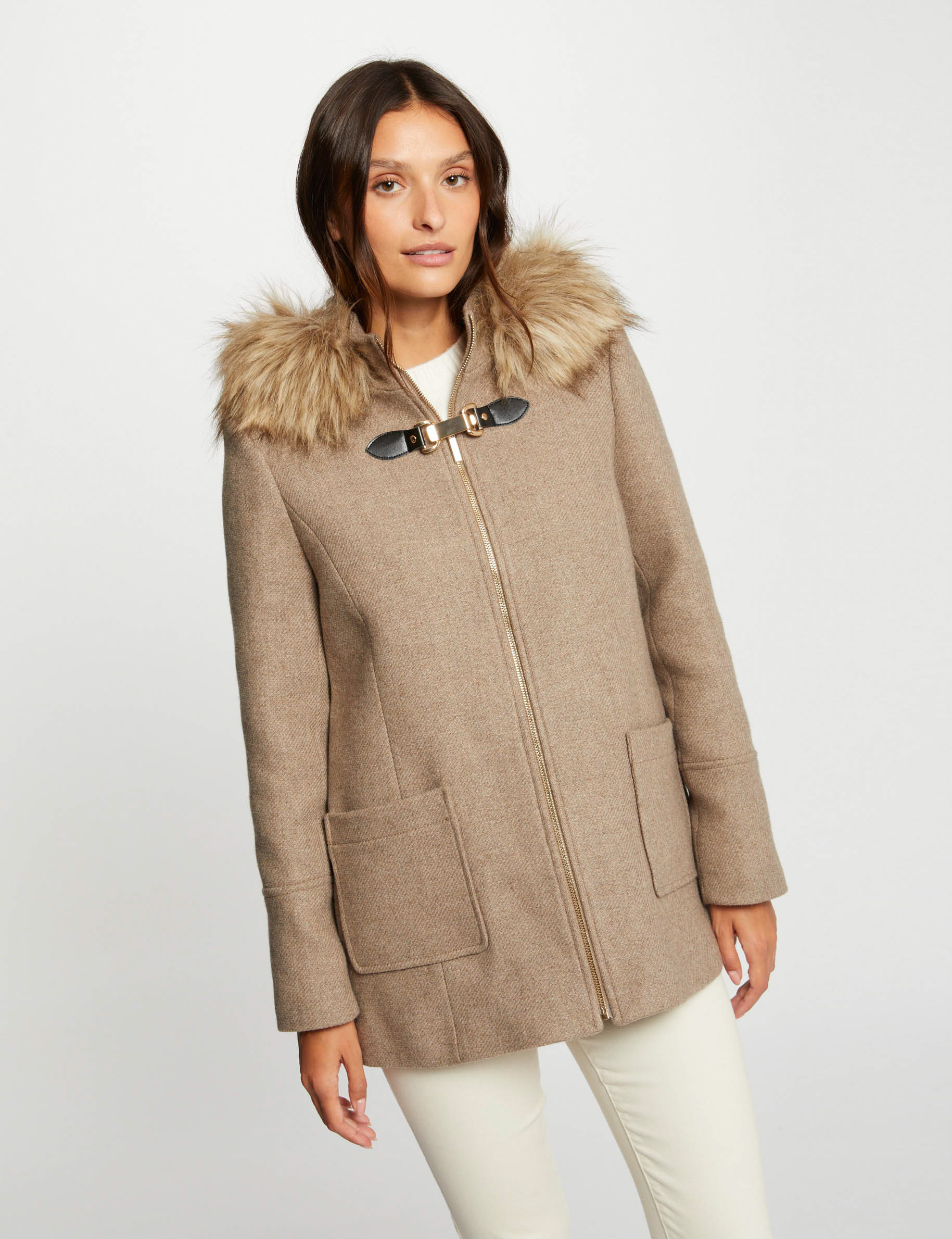 Manteau droit capuche imitation fourrure beige femme Morgan