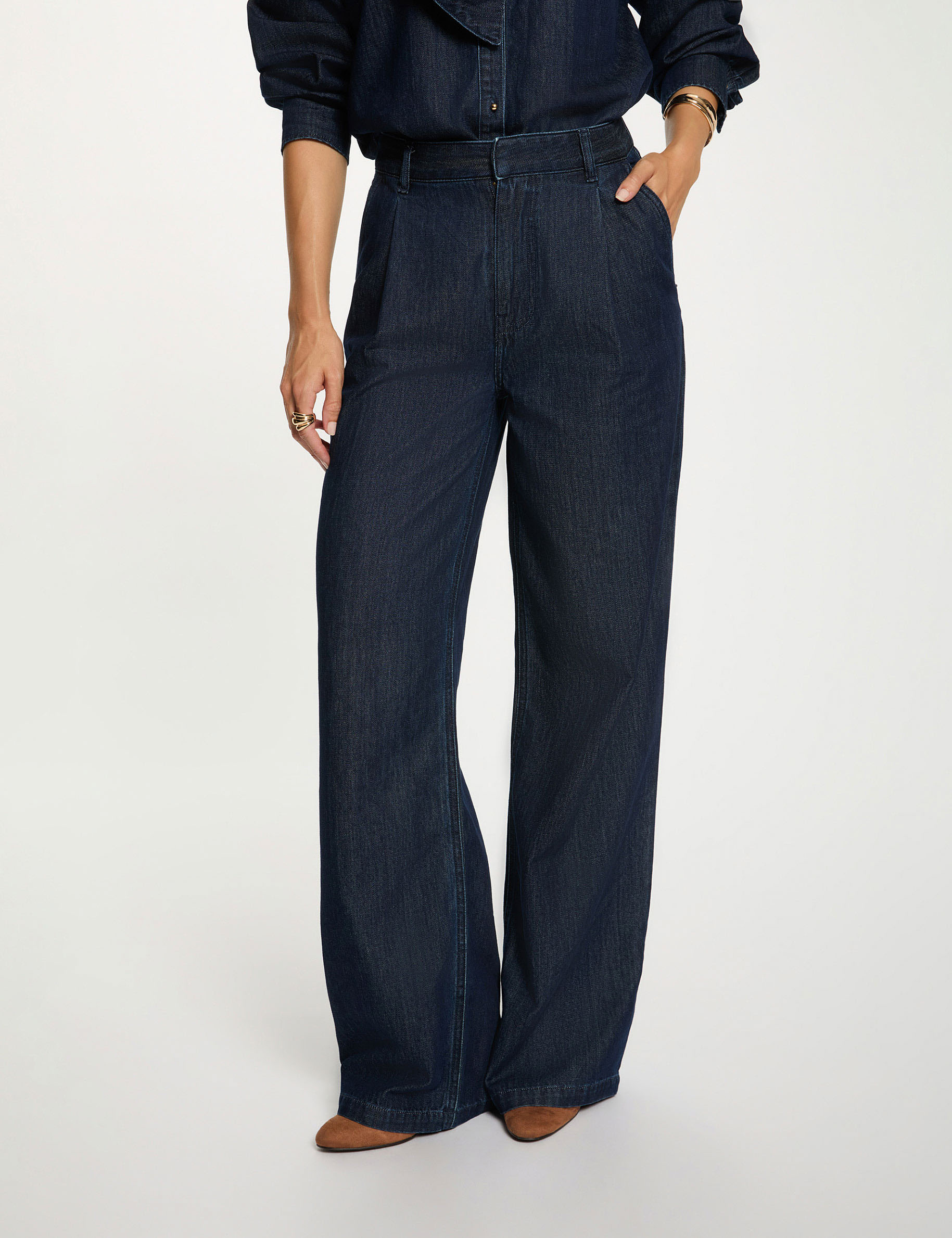 Pantalon large taille haute denim brut femme