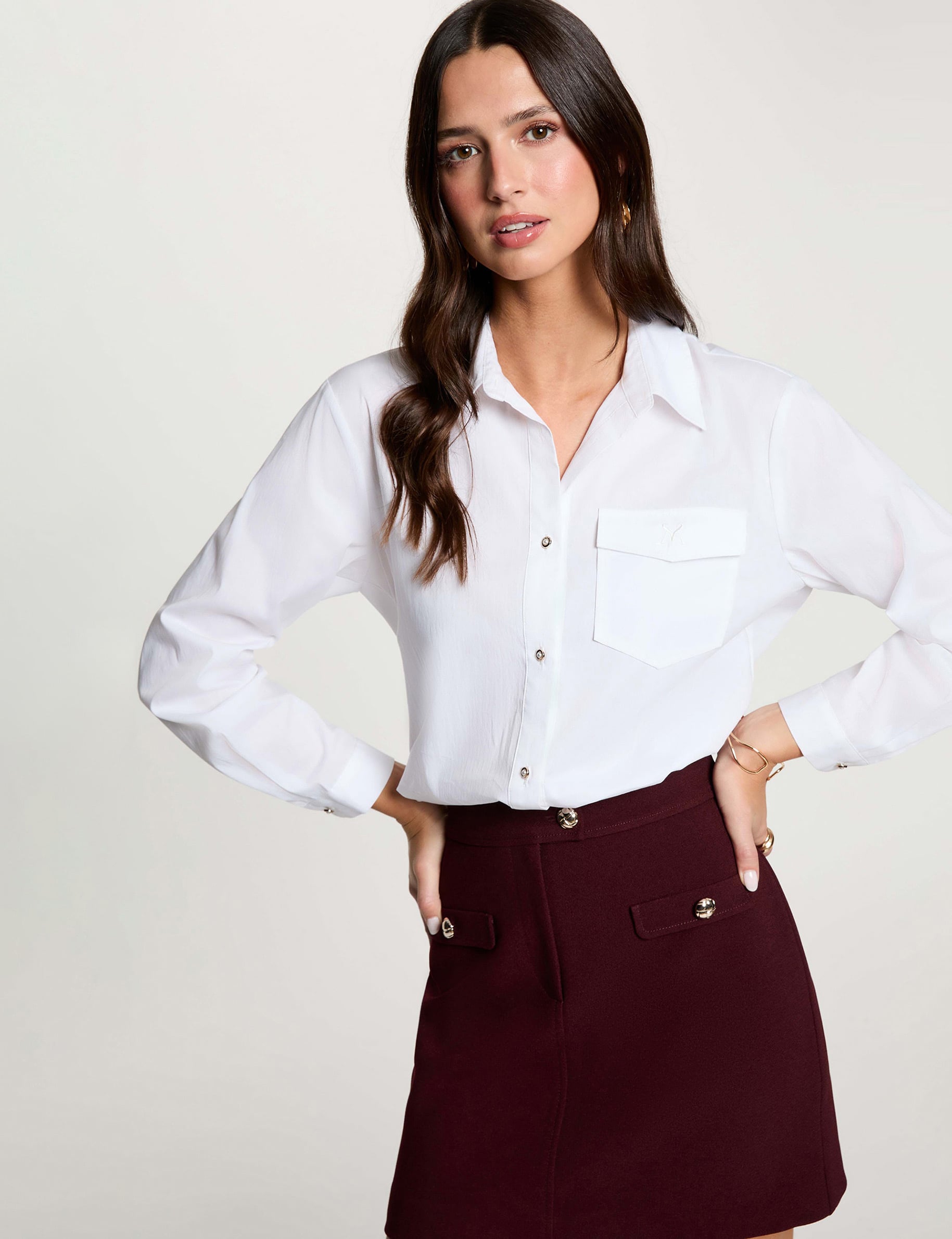 Chemise broderie col &agrave; revers blanc femme