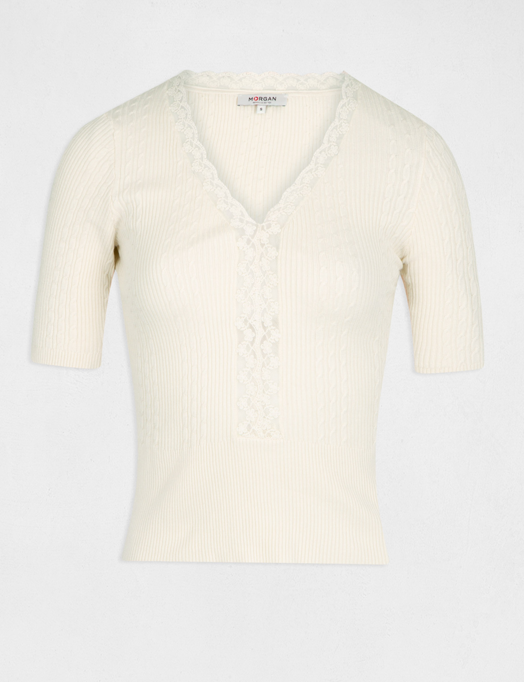 Pull manches courtes avec col en V ivoire femme Pull manches courtes avec col en V ivoire femme