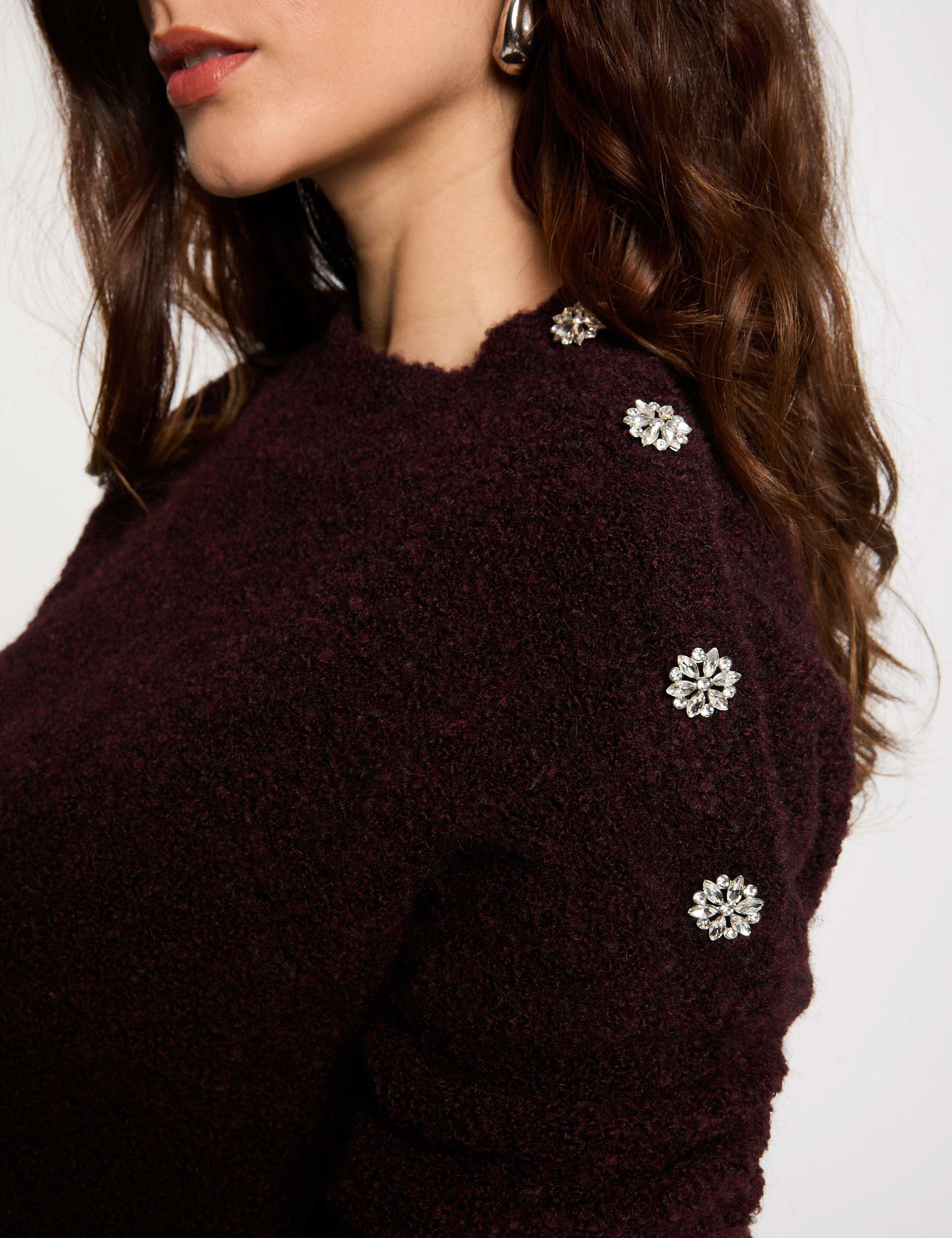 pull col montant et boutons prune femme Pull col montant et boutons prune femme