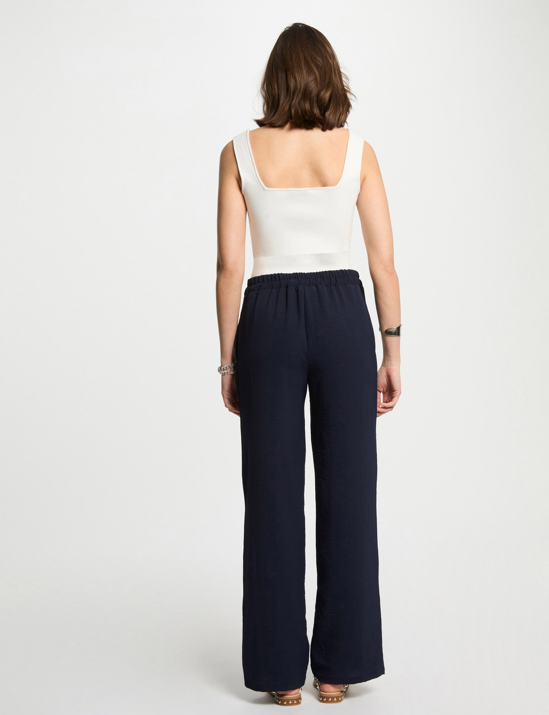 Pantalon large fluide bleu marine femme