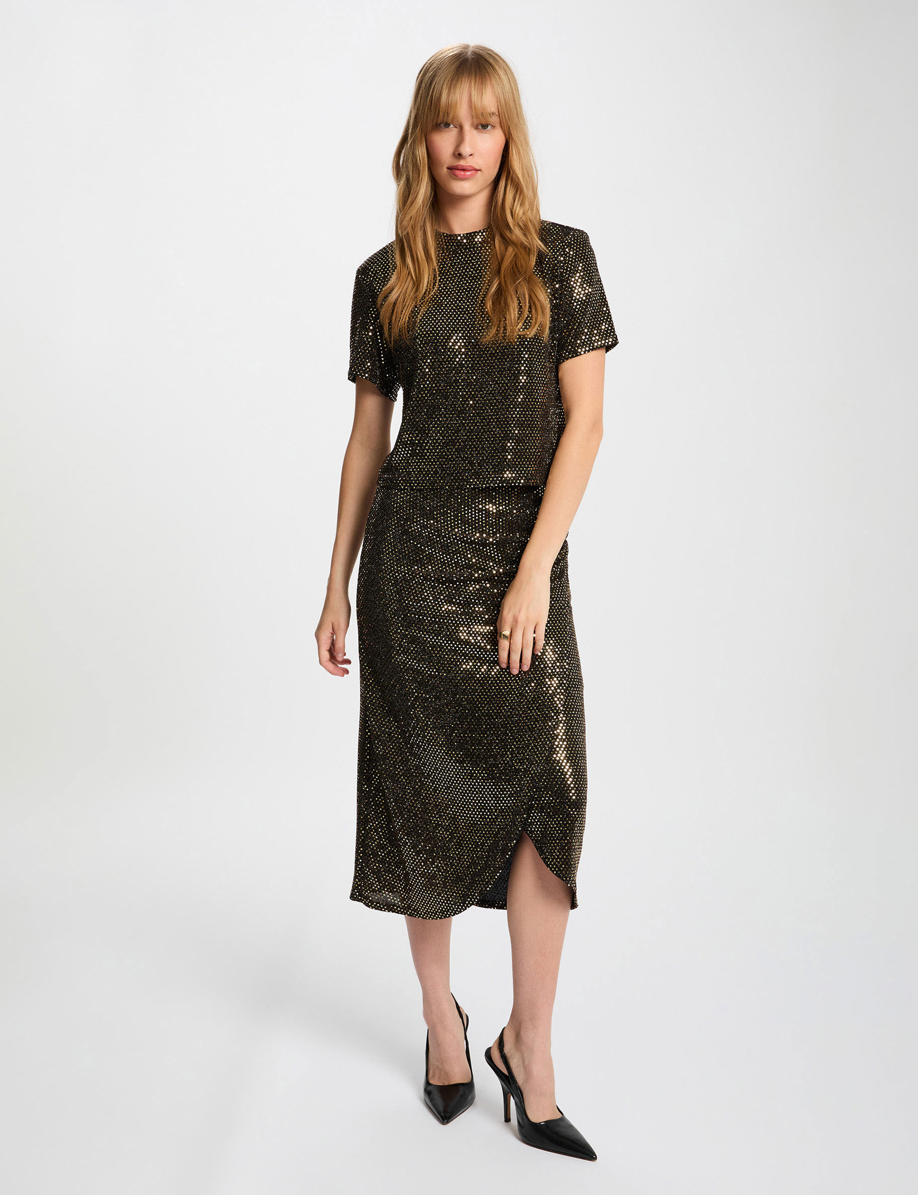 T-shirt sequins col montant jaune or femme